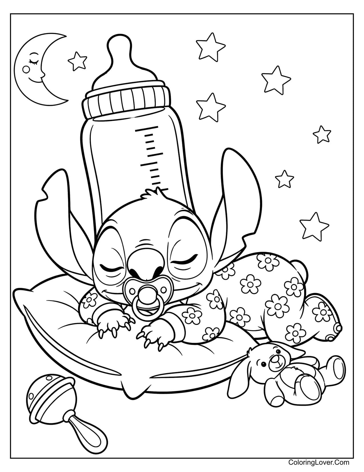 Sleeping Baby Stitch with large bottle nighttime coloring page