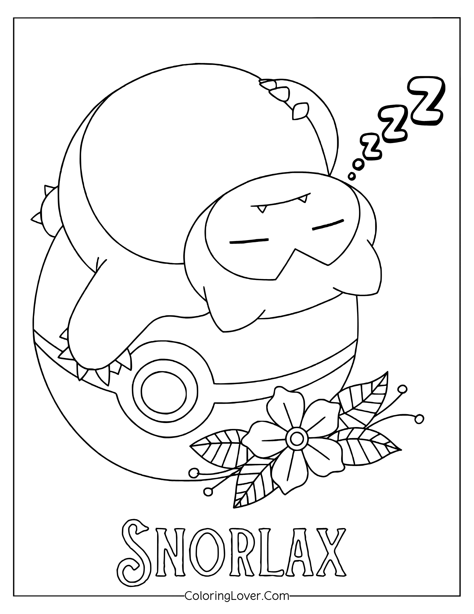 Pokemon coloring page featuring Snorlax sleeping on Poké Ball surrounded by flowers