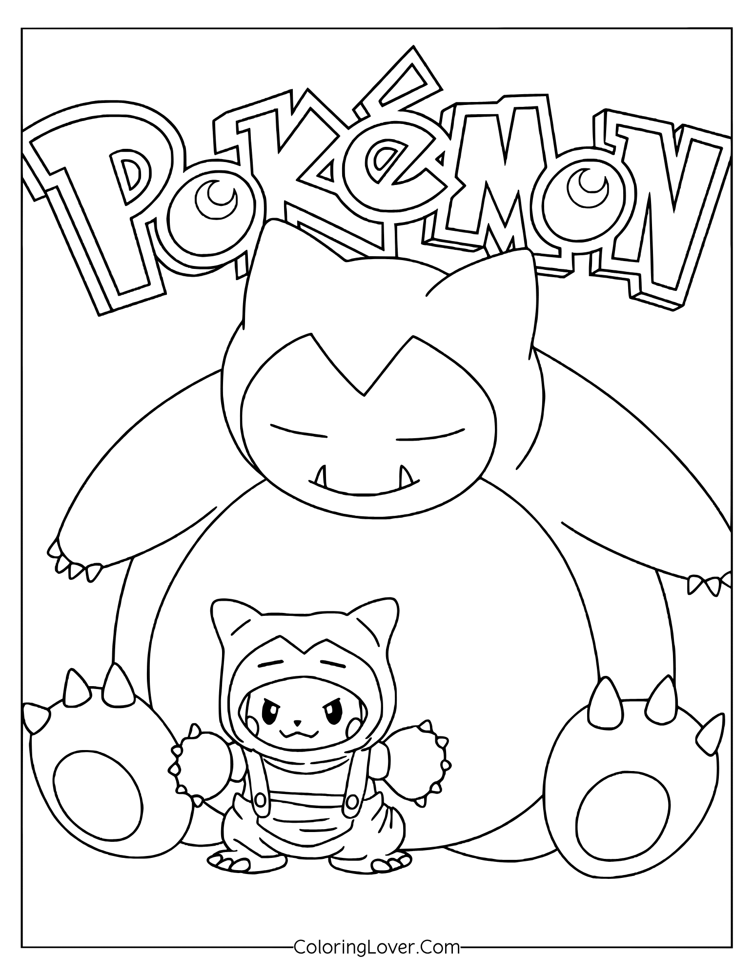 Snorlax sleeping with Pikachu wearing Snorlax costume beside Pokémon logo coloring page