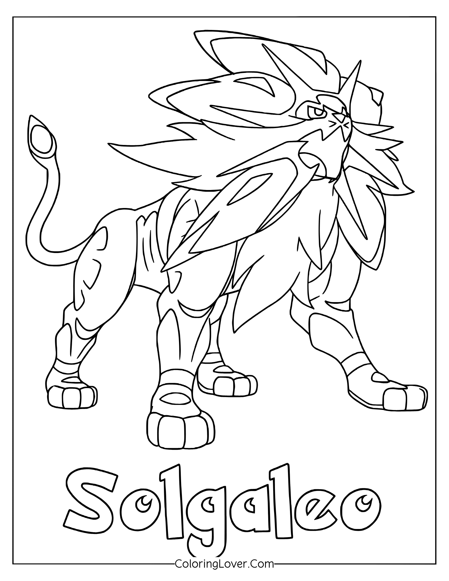 Lagendary pokemon coloring page featuring Solgaleo standing proudly with radiant mane and cosmic stance