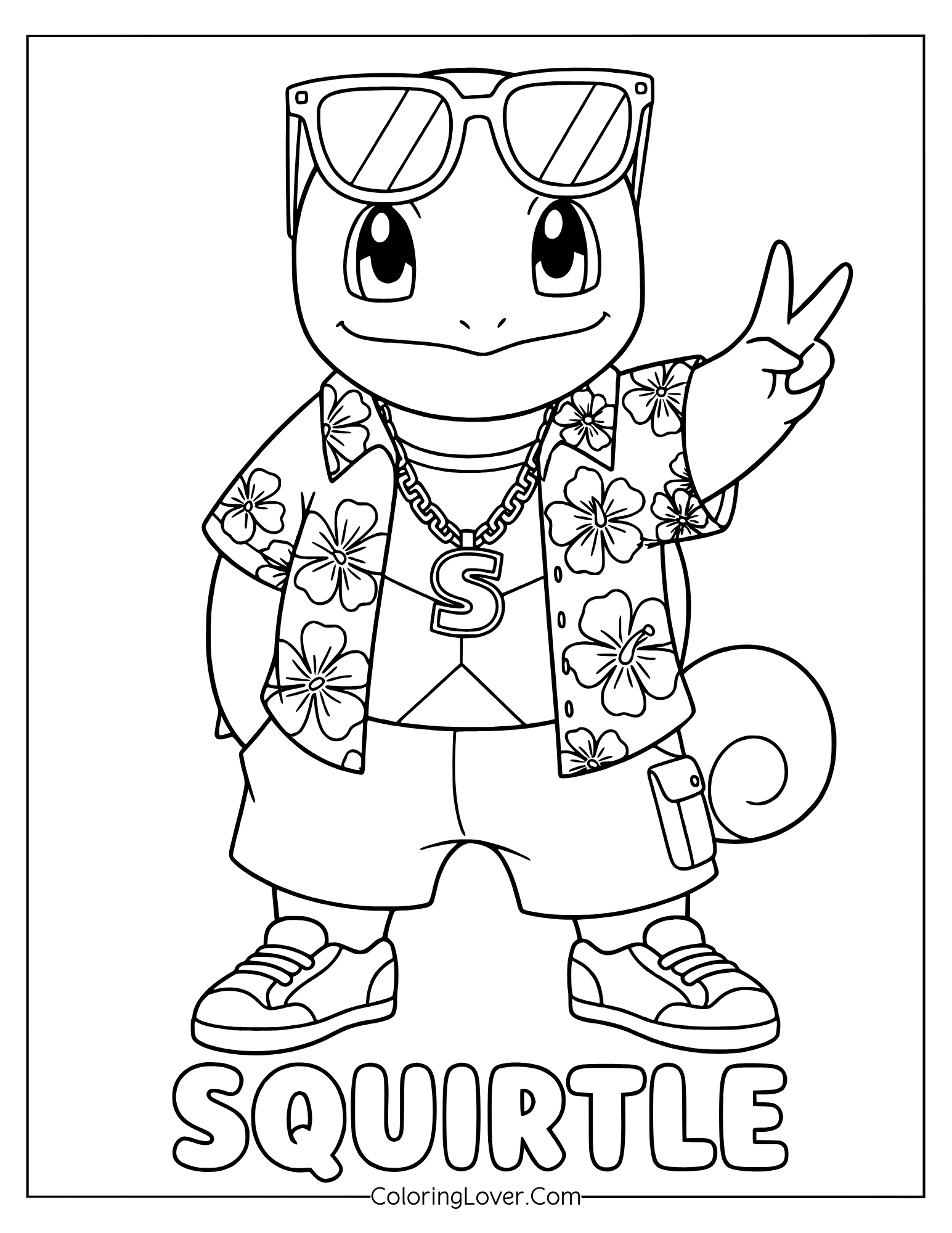 Squirtle in sunglasses flashing peace sign wearing streetwear in a coloring page for adults