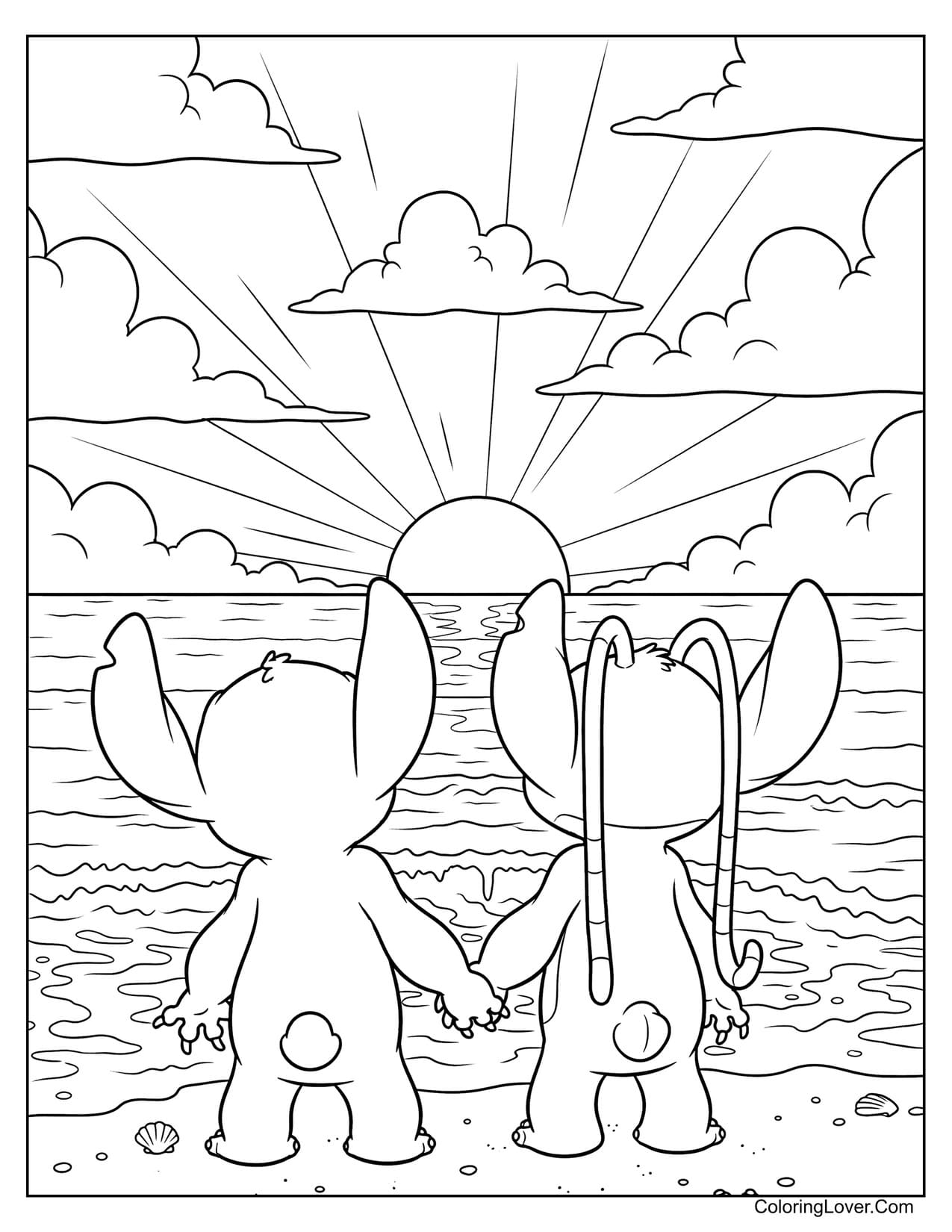 Stitch and Angel holding hands watching beach sunset coloring page