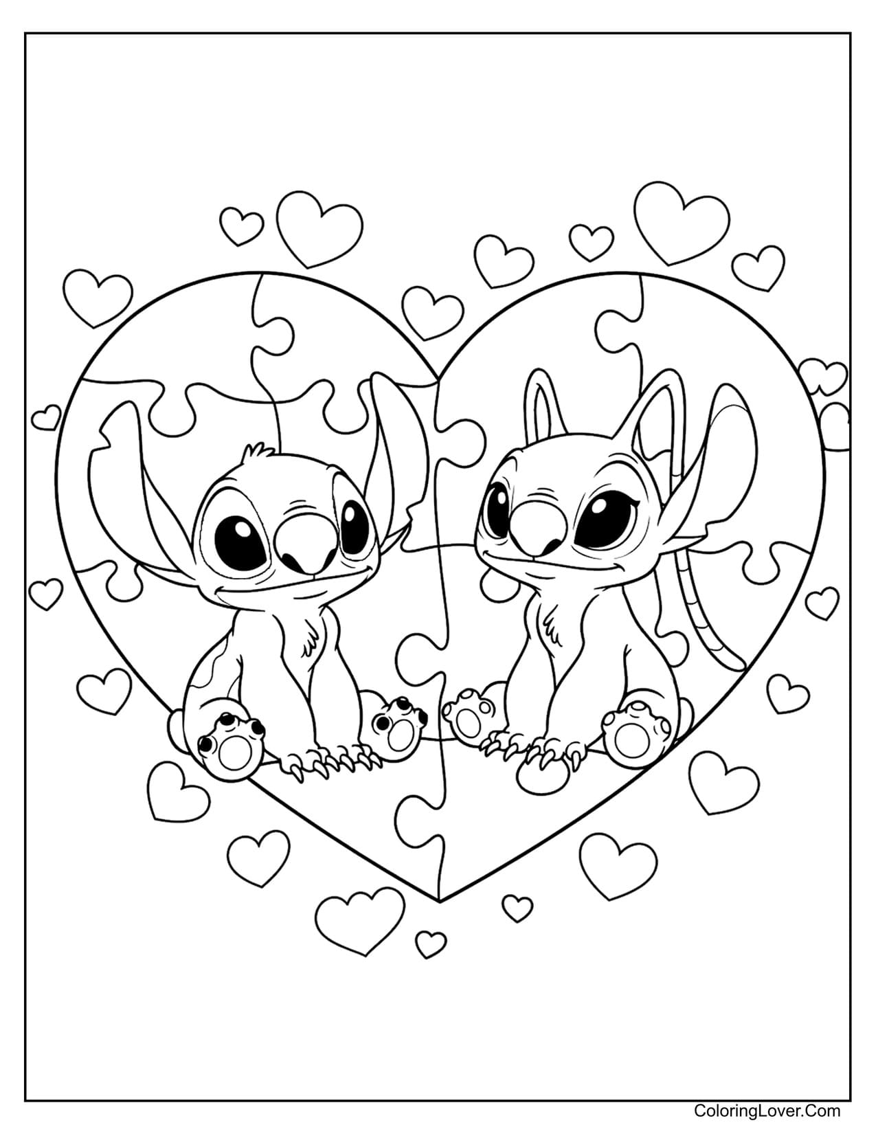 Stitch and Angel inside heart surrounded by hearts coloring page