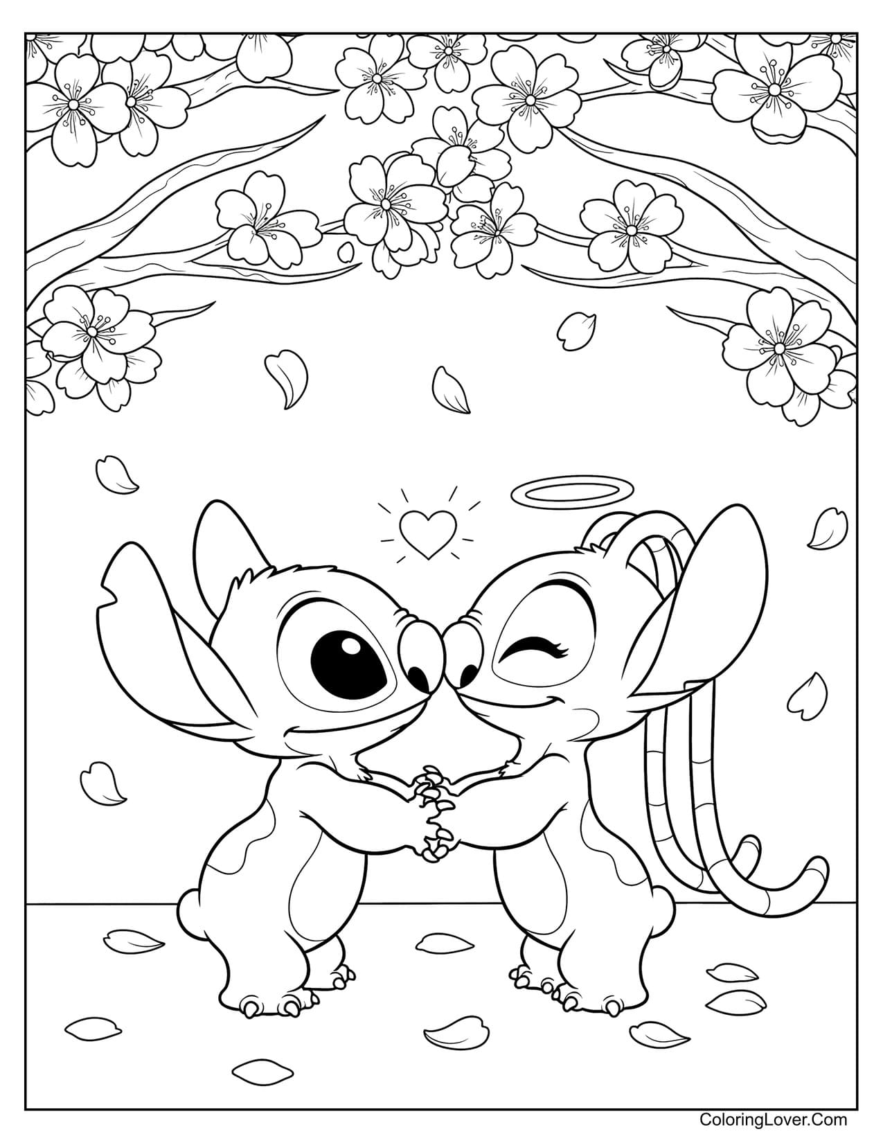Stitch and Angel kissing under cherry blossoms coloring sheet