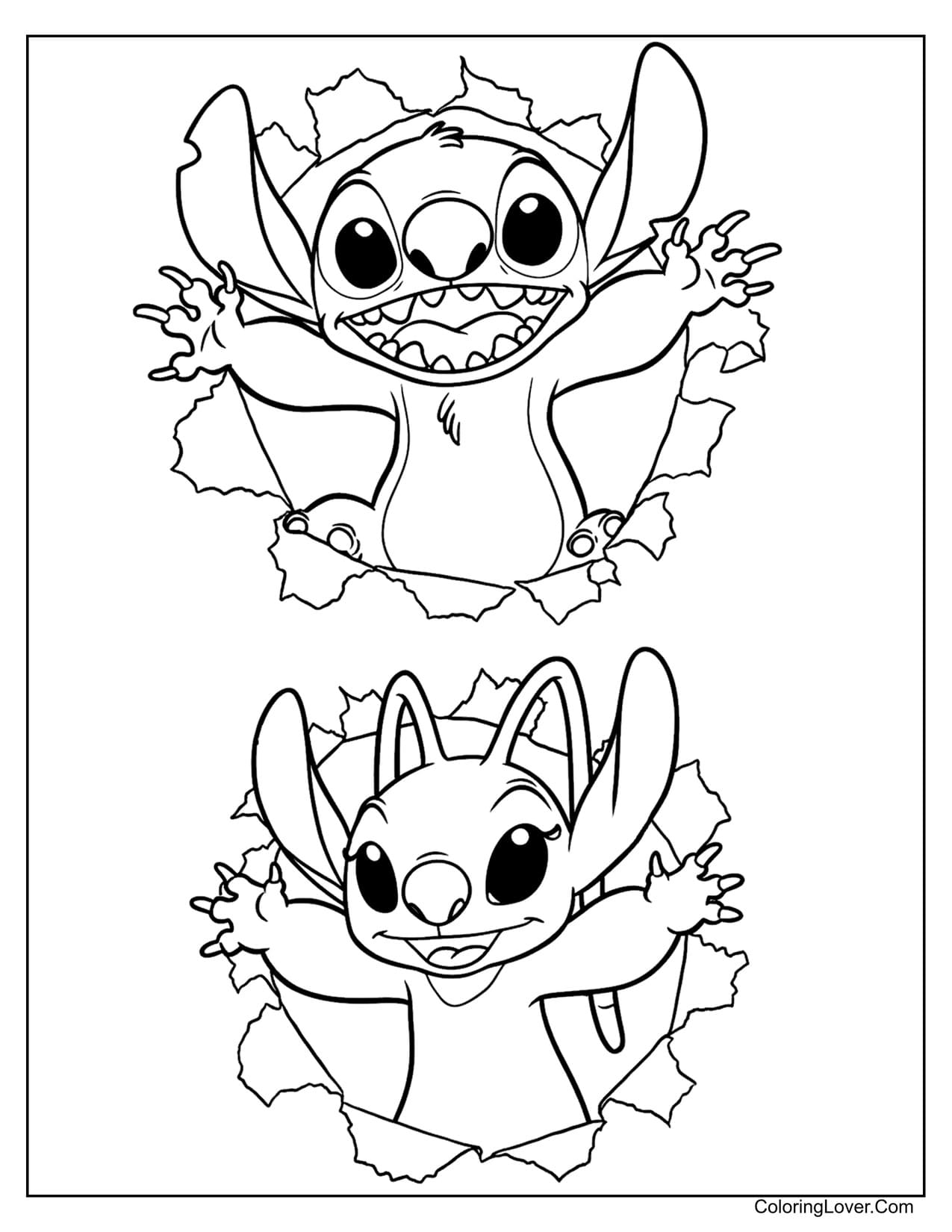 Stitch and Angel popping through torn paper coloring page
