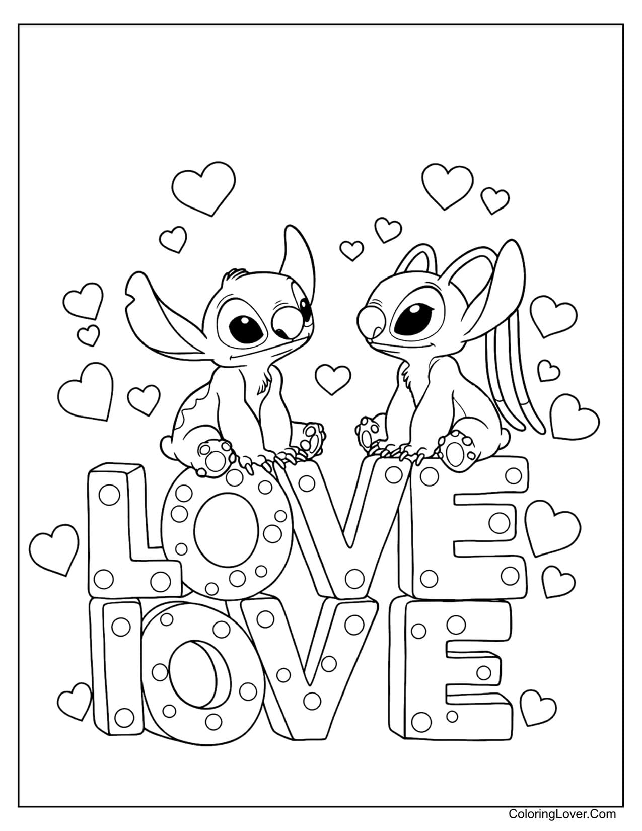 Stitch and Angel sitting on "LOVE" letters with hearts coloring page