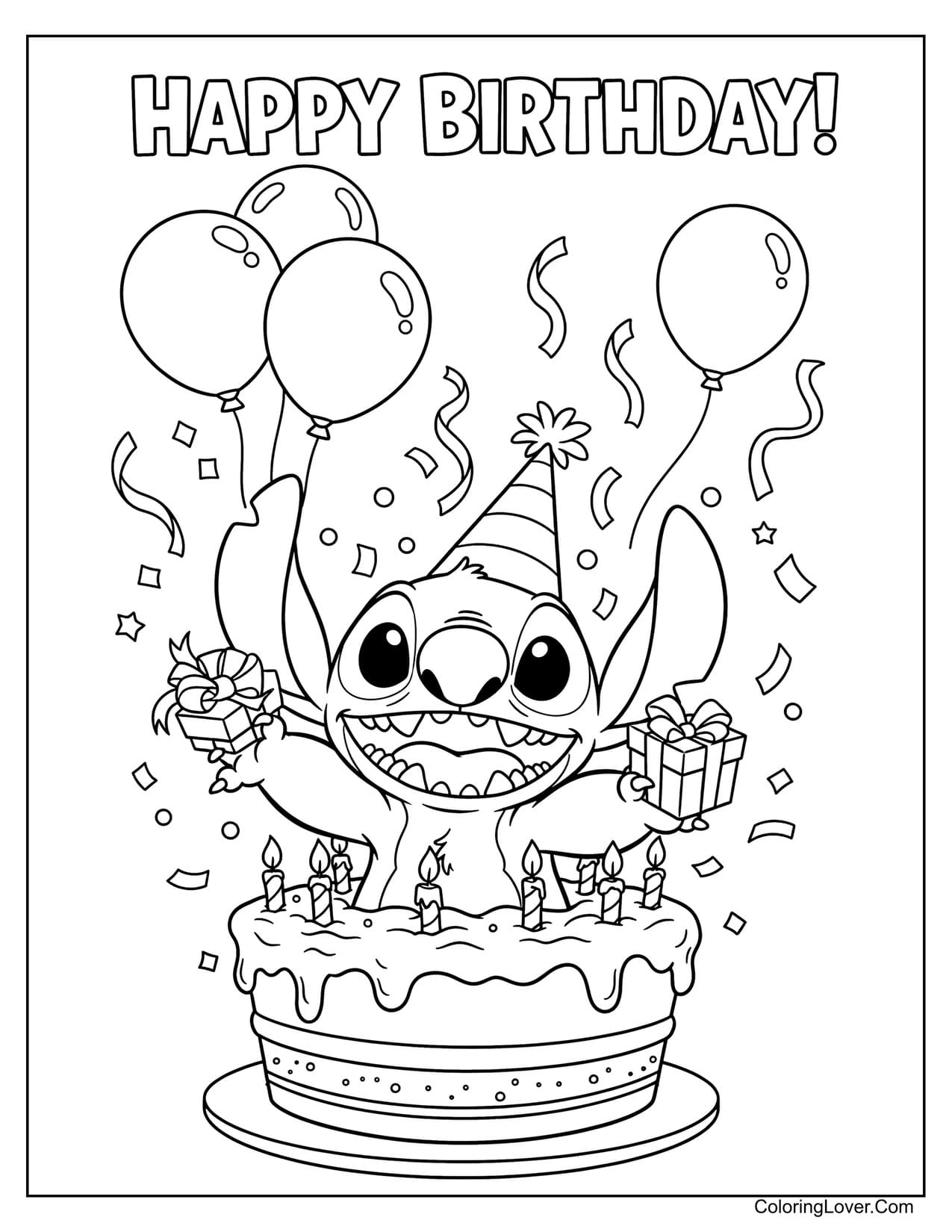 Stitch birthday cake coloring page with balloons and gifts