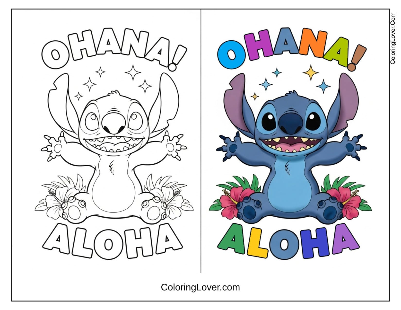 Stitch cheering "OHANA" and "ALOHA" text coloring sheet with colored version