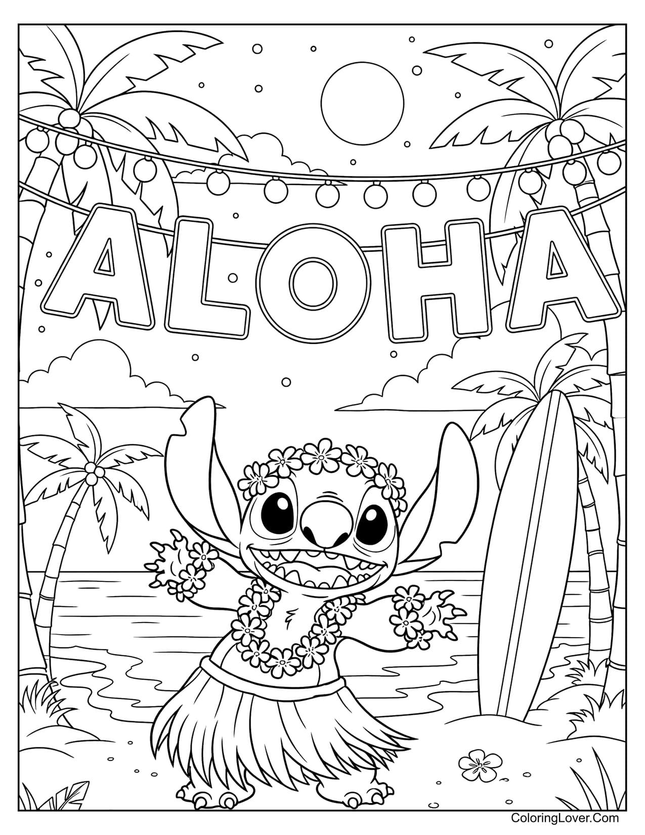 Stitch dancing hula under "ALOHA" banner on beach coloring page