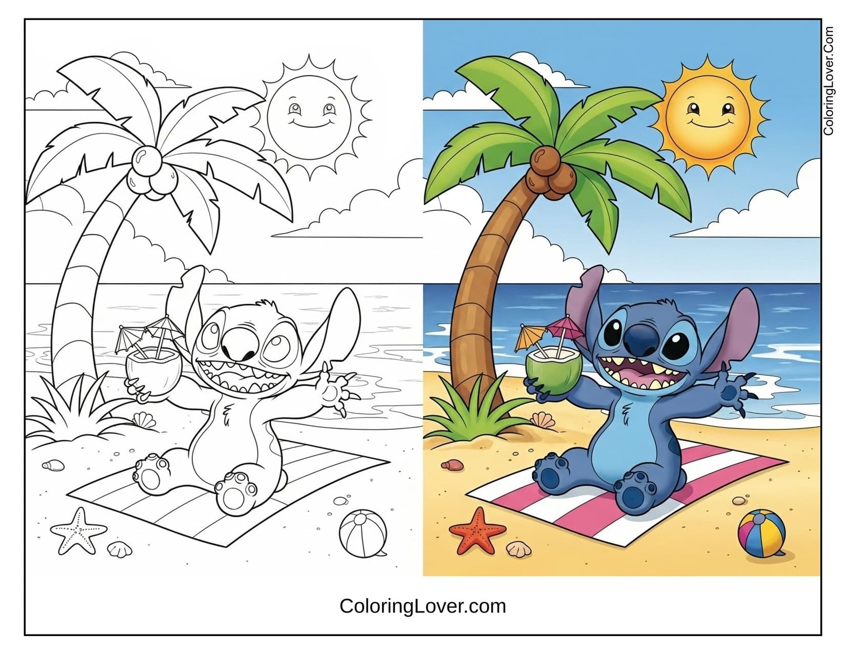 Stitch enjoying beach under palm tree coloring page with colored version