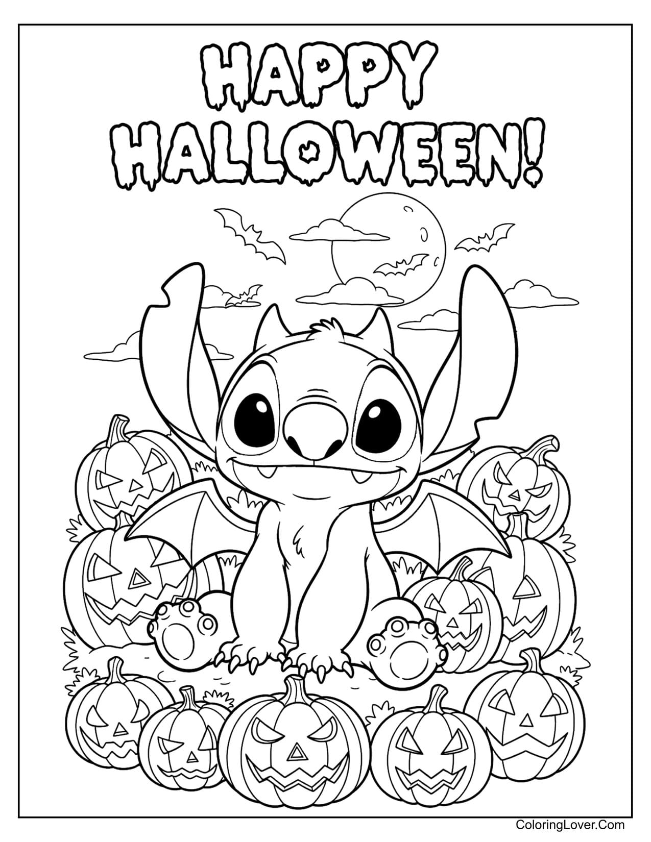Stitch Halloween coloring page with bats and pumpkin pile
