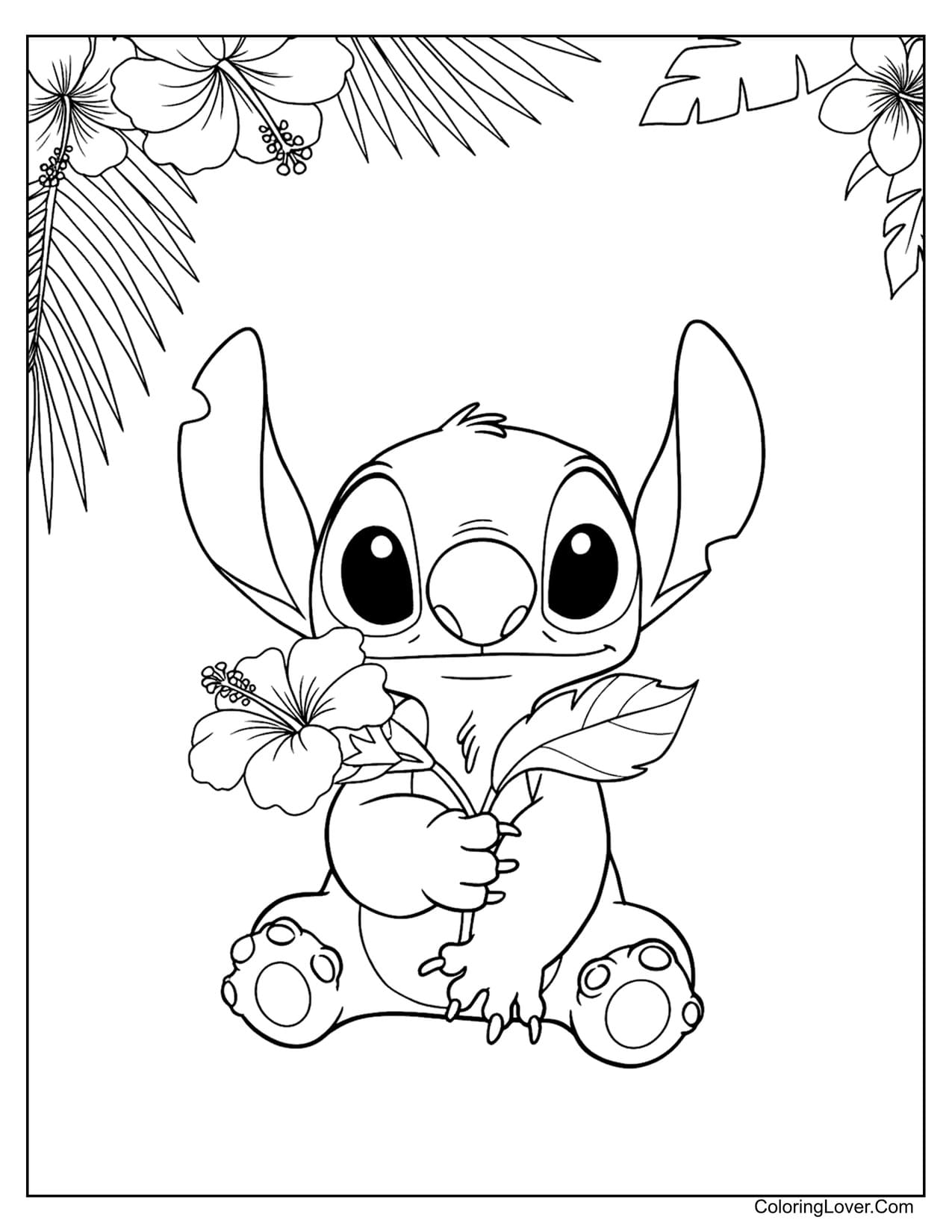 Stitch holding flower in tropical scene easy coloring page