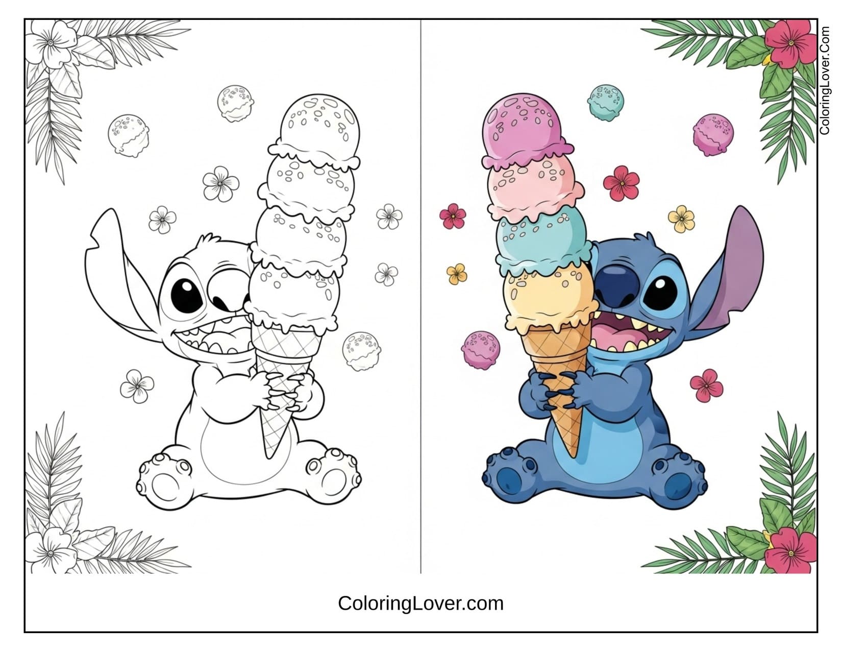 Stitch holding tall ice cream cone coloring sheet with colored version