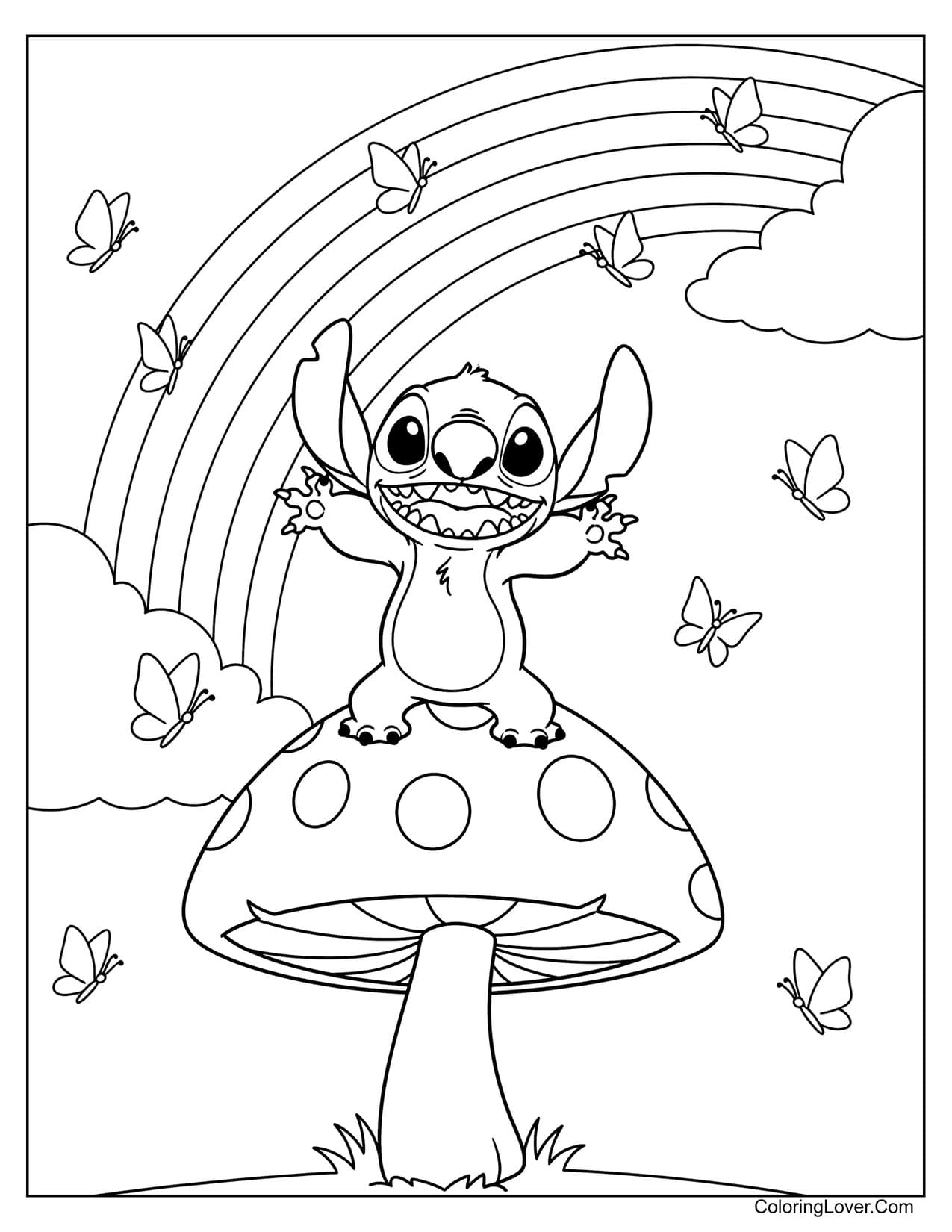 Stitch on mushroom with rainbow for kids coloring page