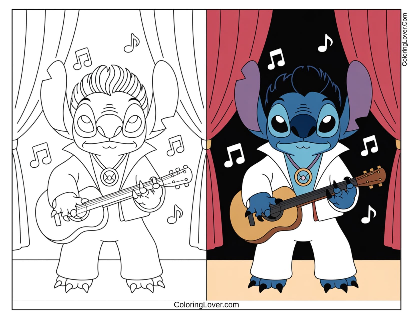 Stitch playing guitar on stage coloring page with colored version