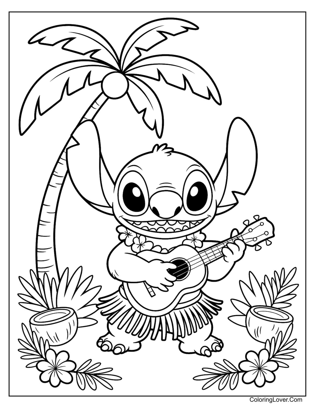 Stitch playing ukulele in grass skirt under palm trees coloring page