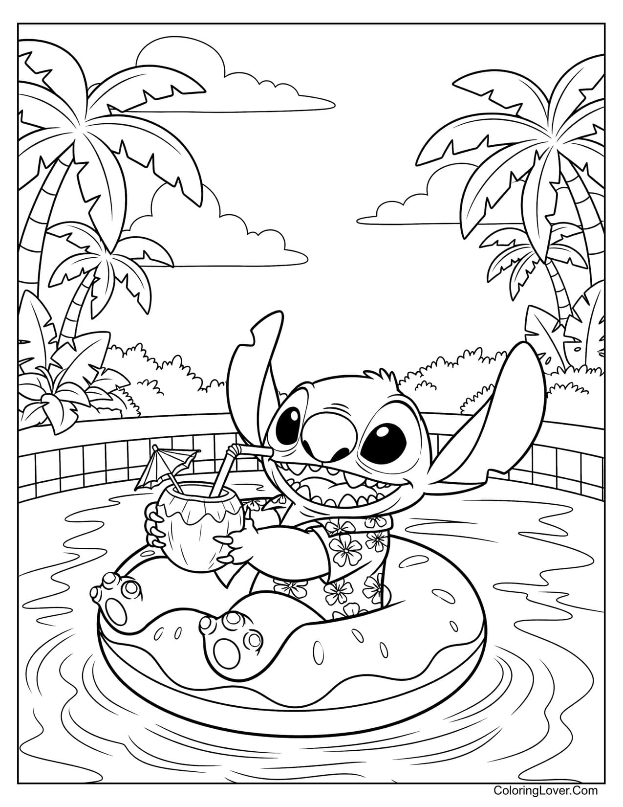 Stitch relaxing on donut float with drink in pool coloring page