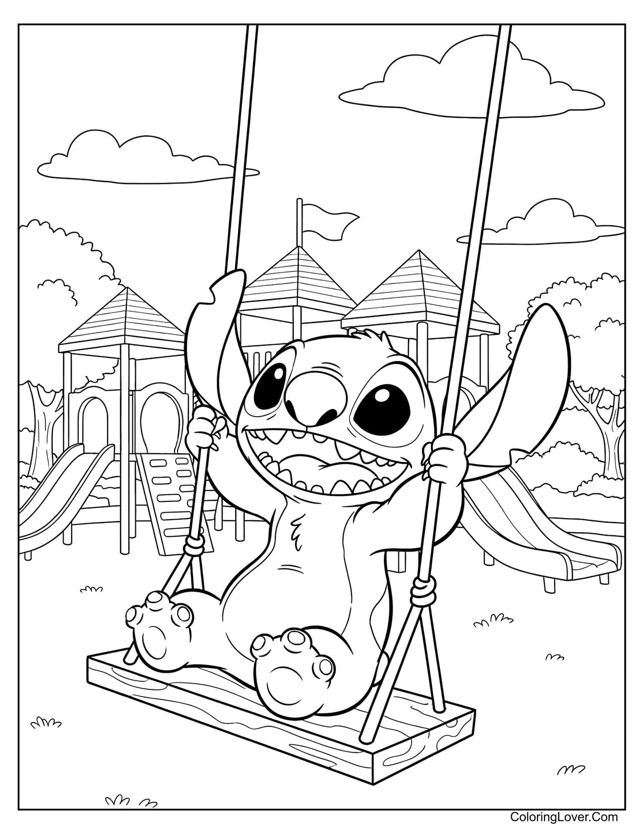 Stitch riding a swing in kids playground simple coloring page