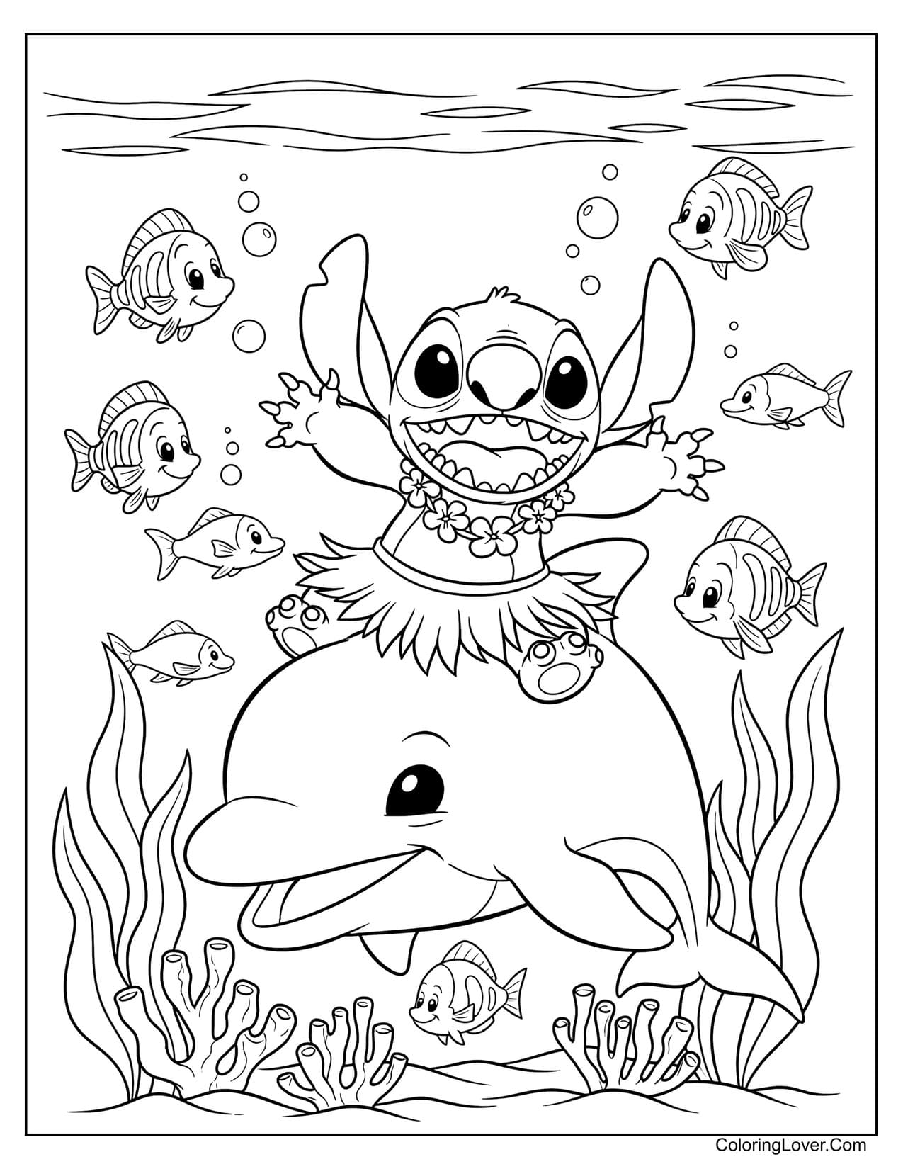 Stitch riding dolphin among fish undersea coloring page