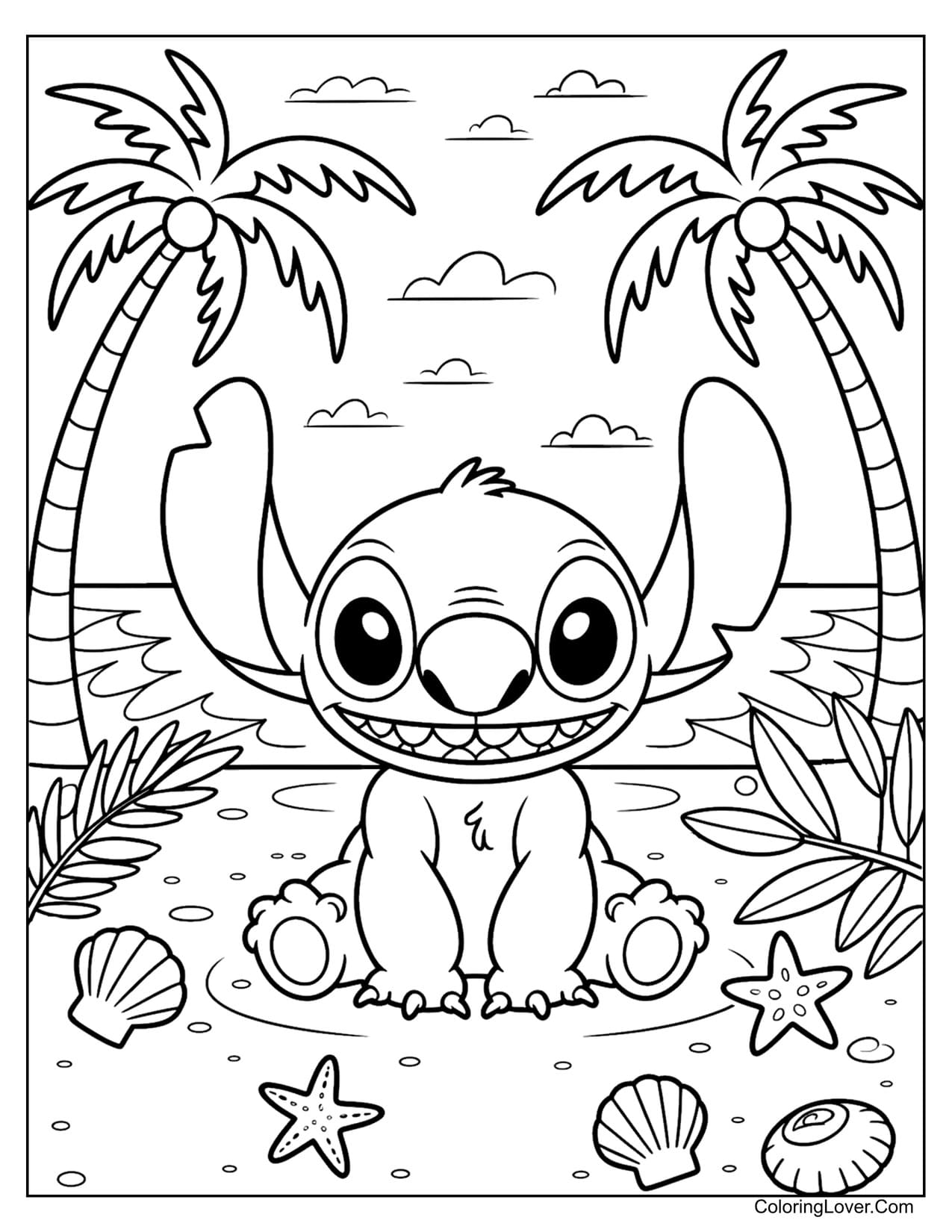 Stitch sitting on sandy beach with shells and palms coloring page