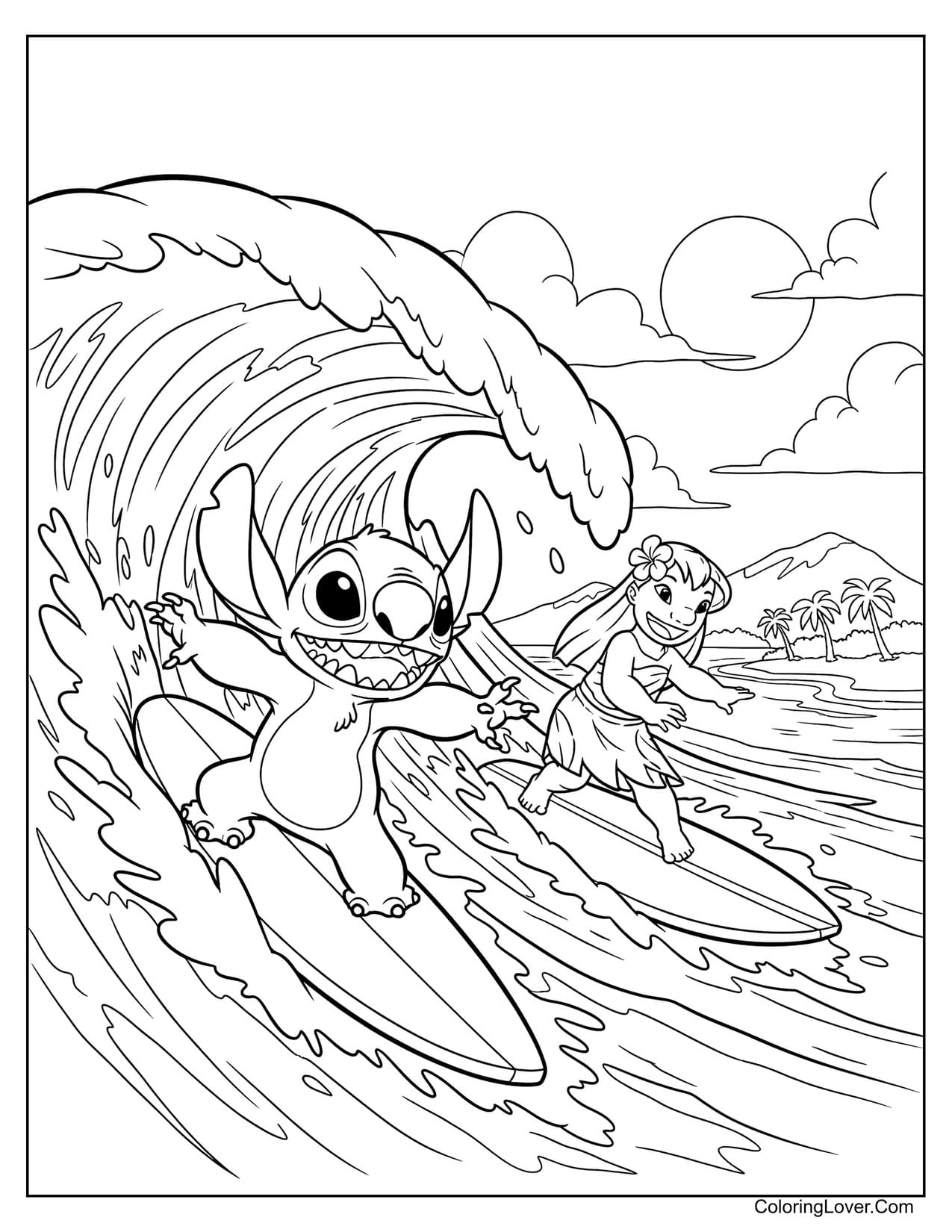 Stitch surfing giant ocean wave with Lilo behind coloring page
