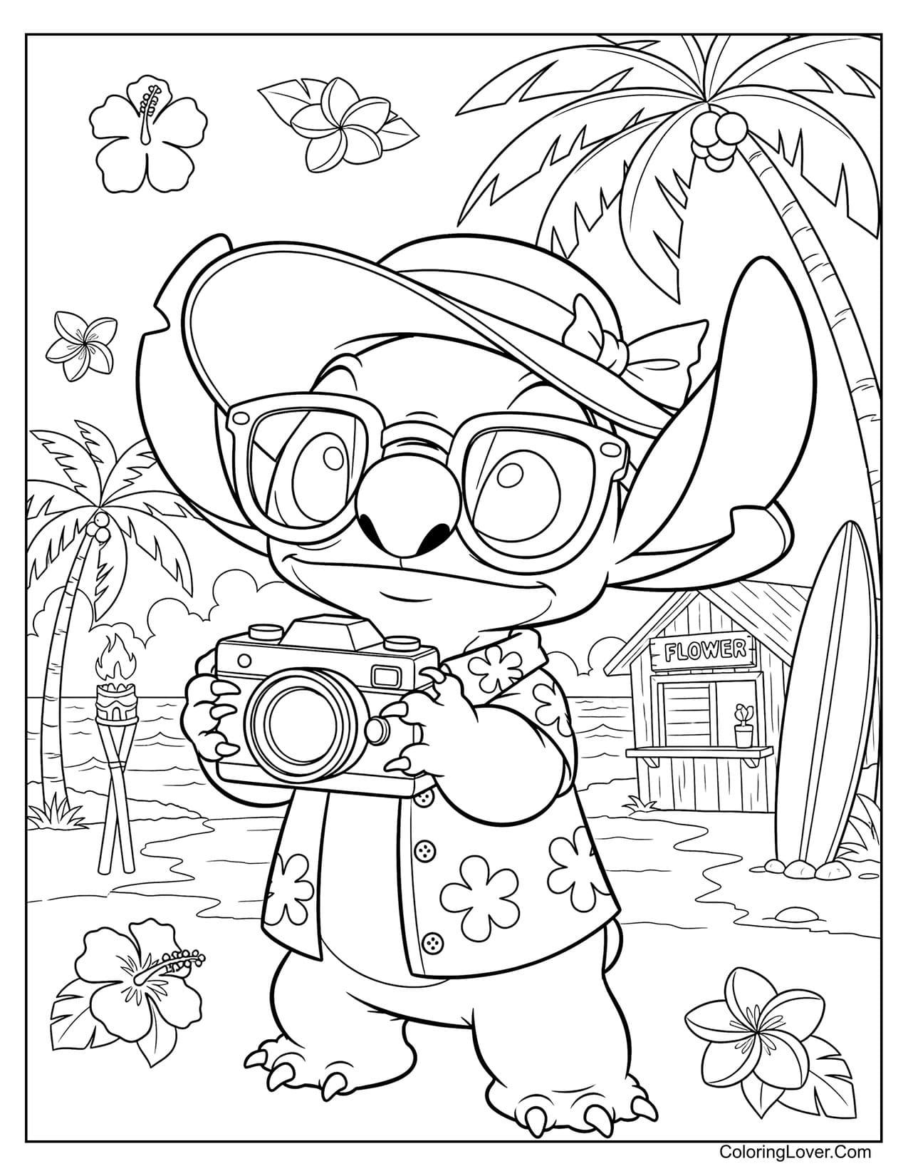 Stitch taking photos at tropical beach coloring page