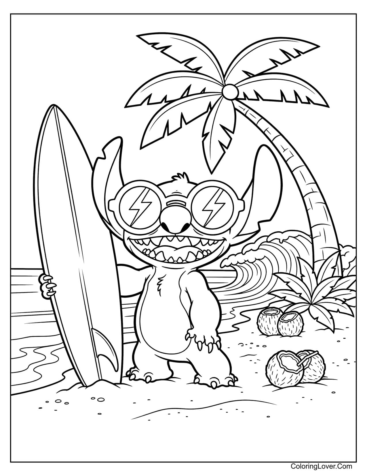 Stitch wearing sunglasses next to surfboard on beach coloring page