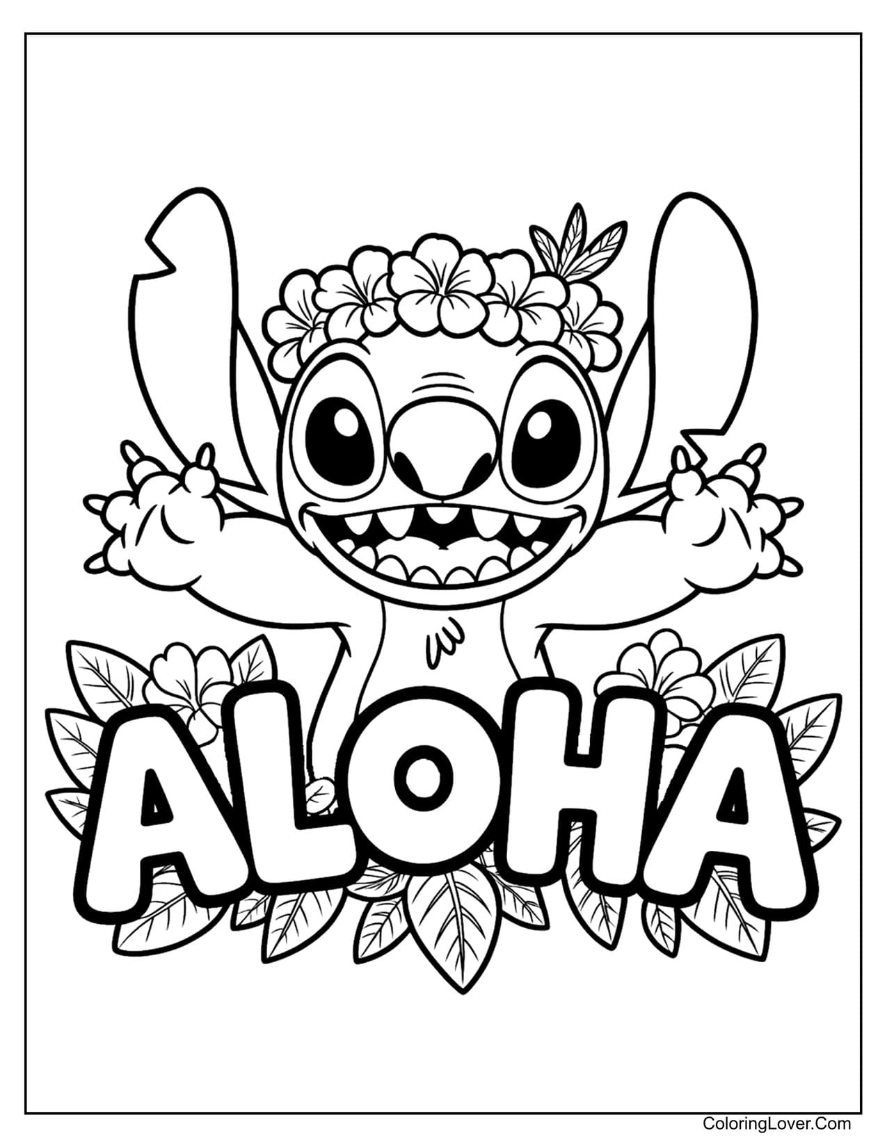 Stitch with "ALOHA" letters and plumeria flowers coloring page