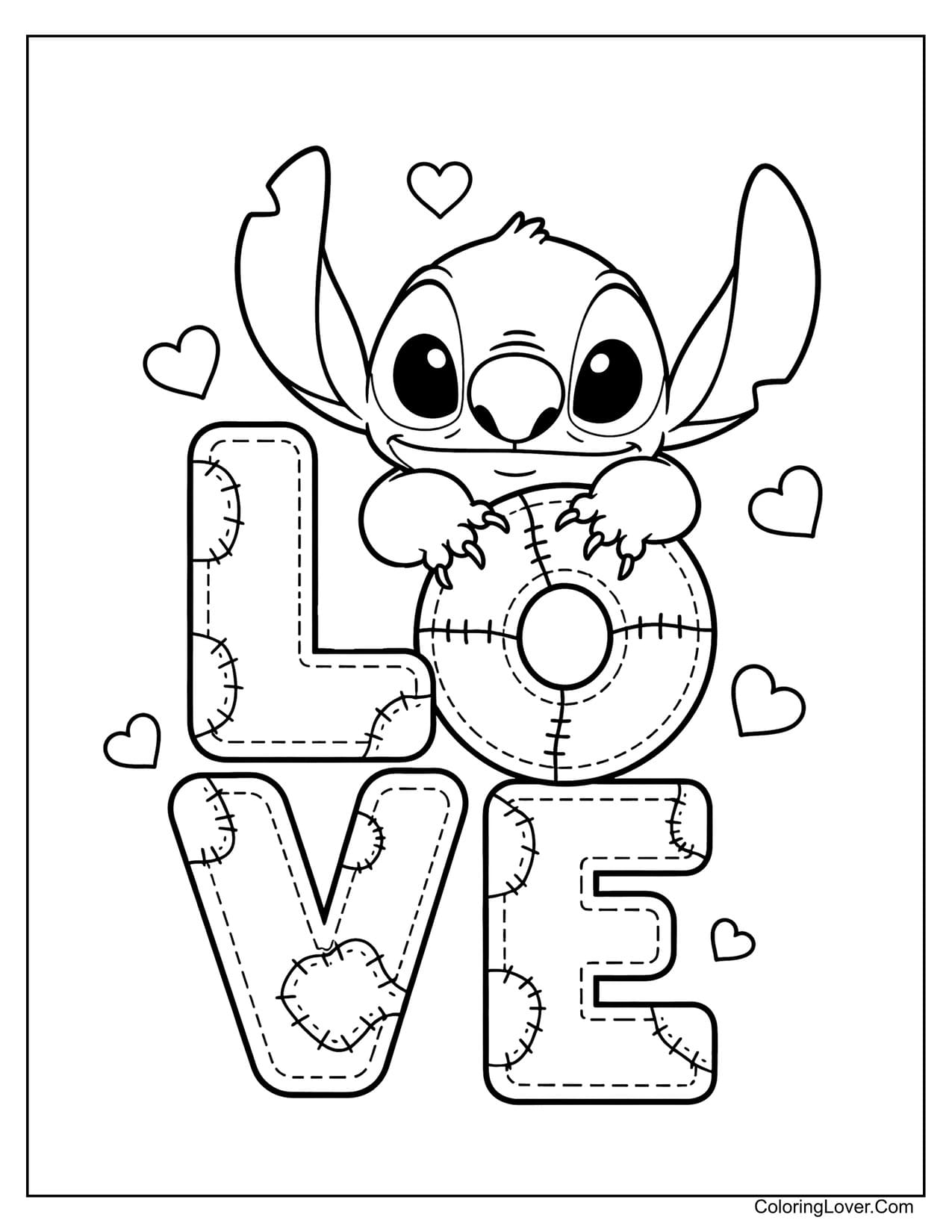 Stitch with "LOVE" text easy coloring page