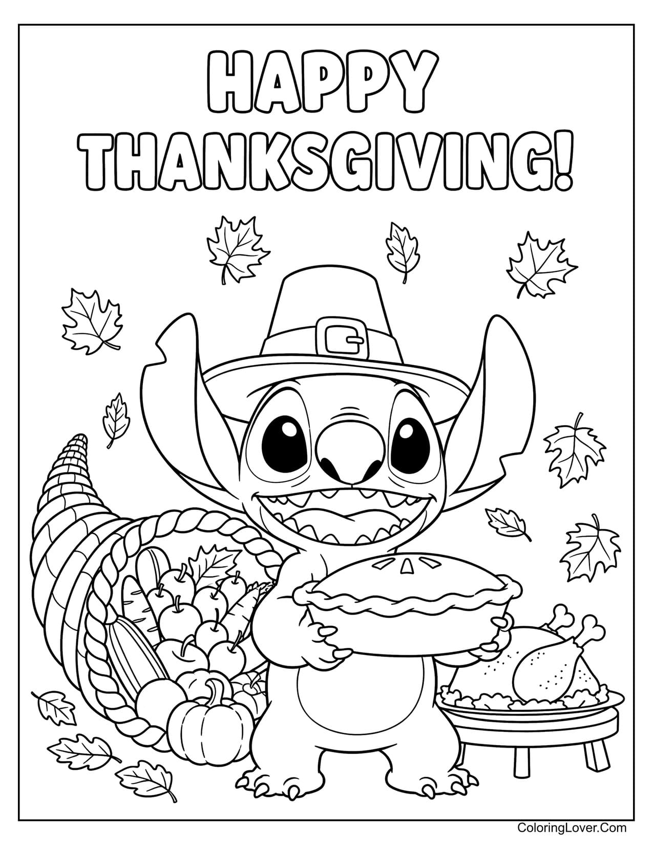 Thanksgiving coloring page with Stitch carrying pie and cornucopia
