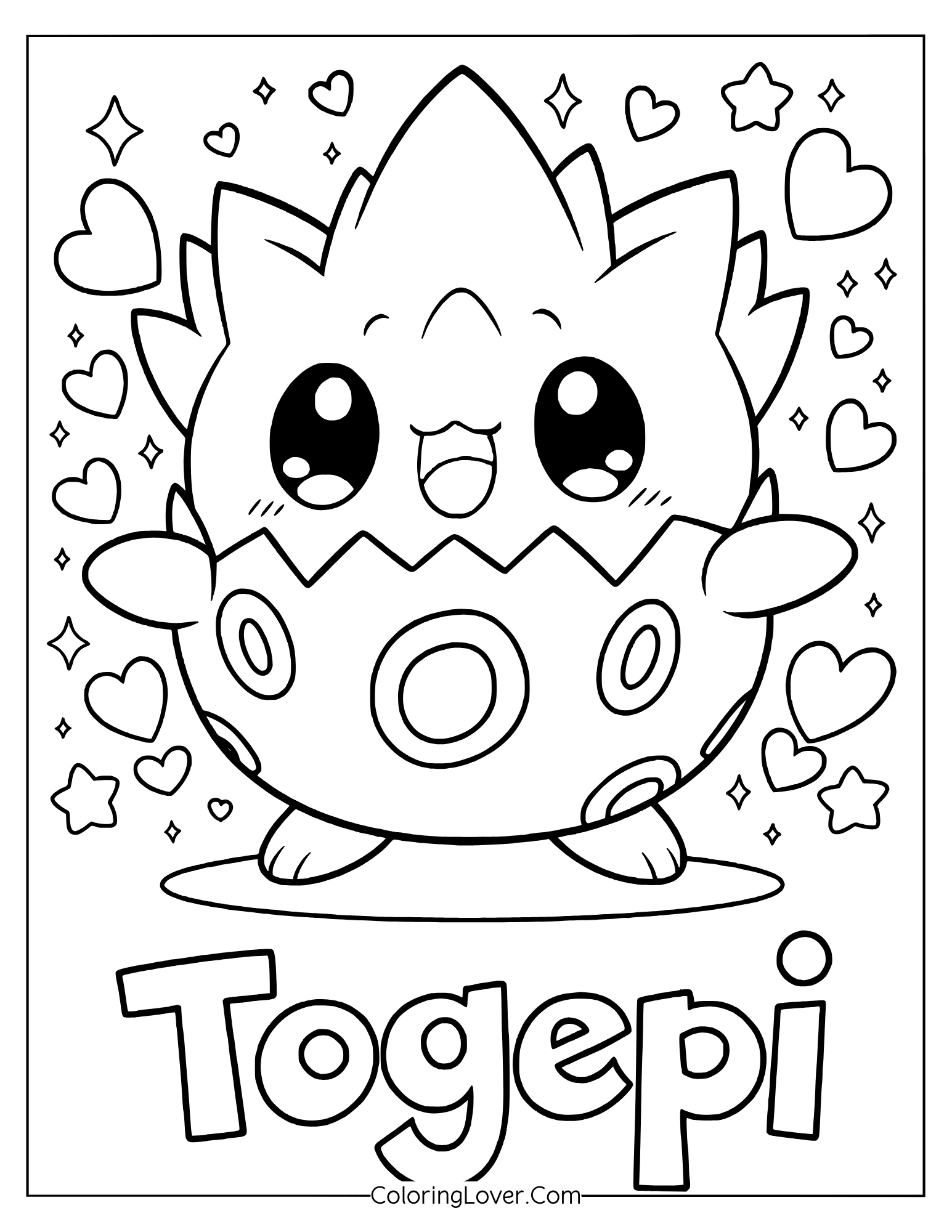 Pokemon coloring page featuring Togepi smiling with hearts and stars floating around