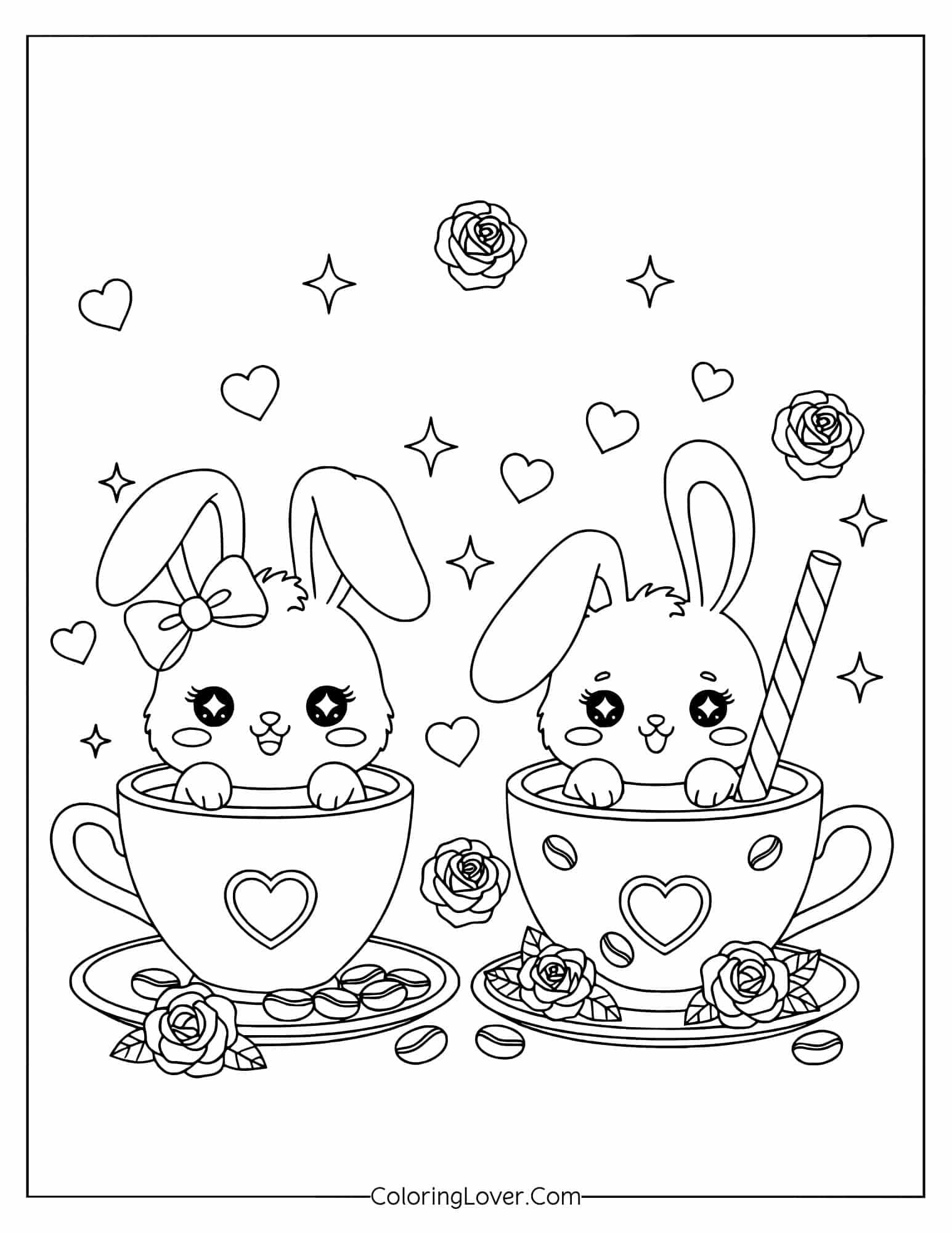Two kawaii bunnies inside heart cups with flowers coloring page
