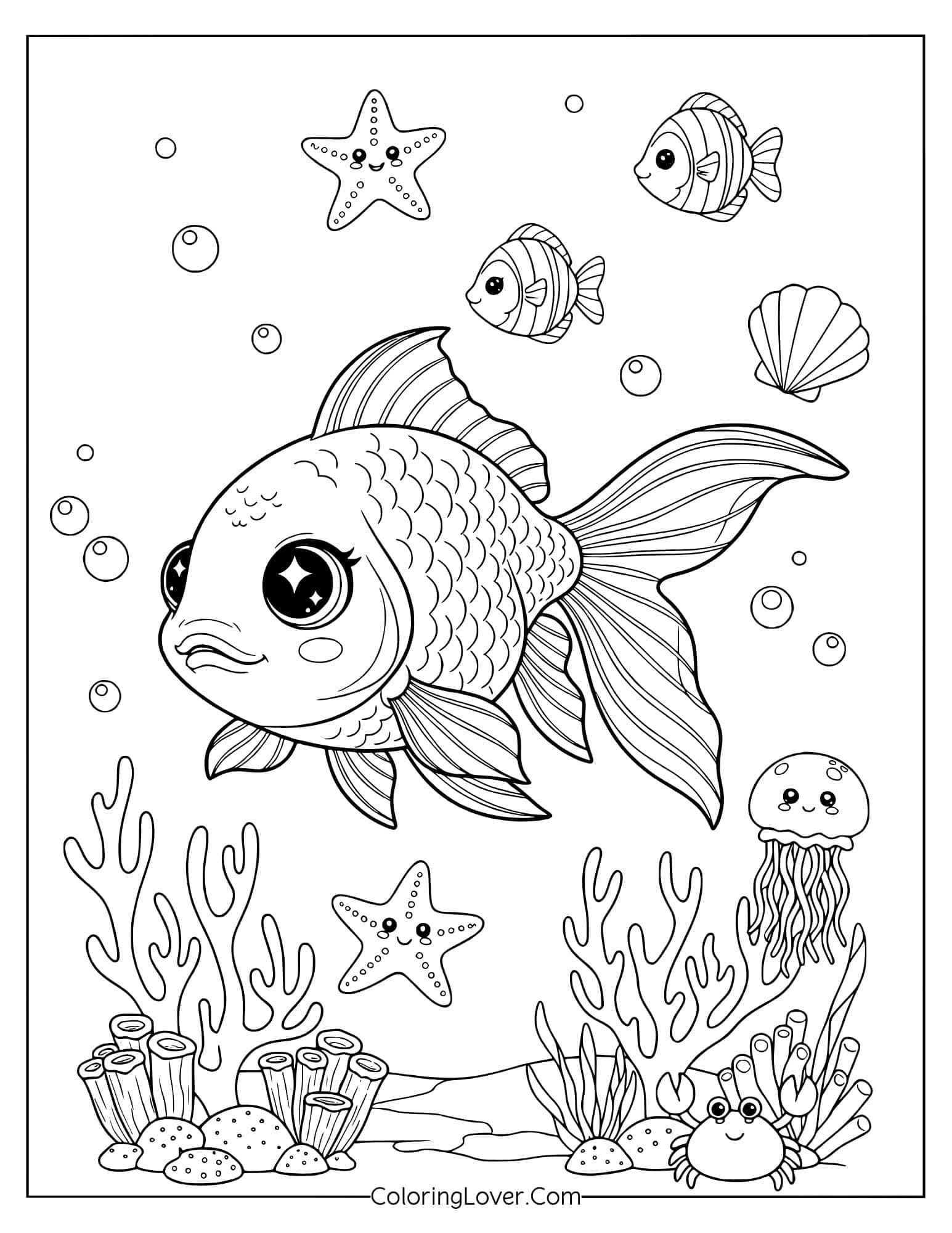 Underwater scene with kawaii fish, sea plants, and shells coloring page