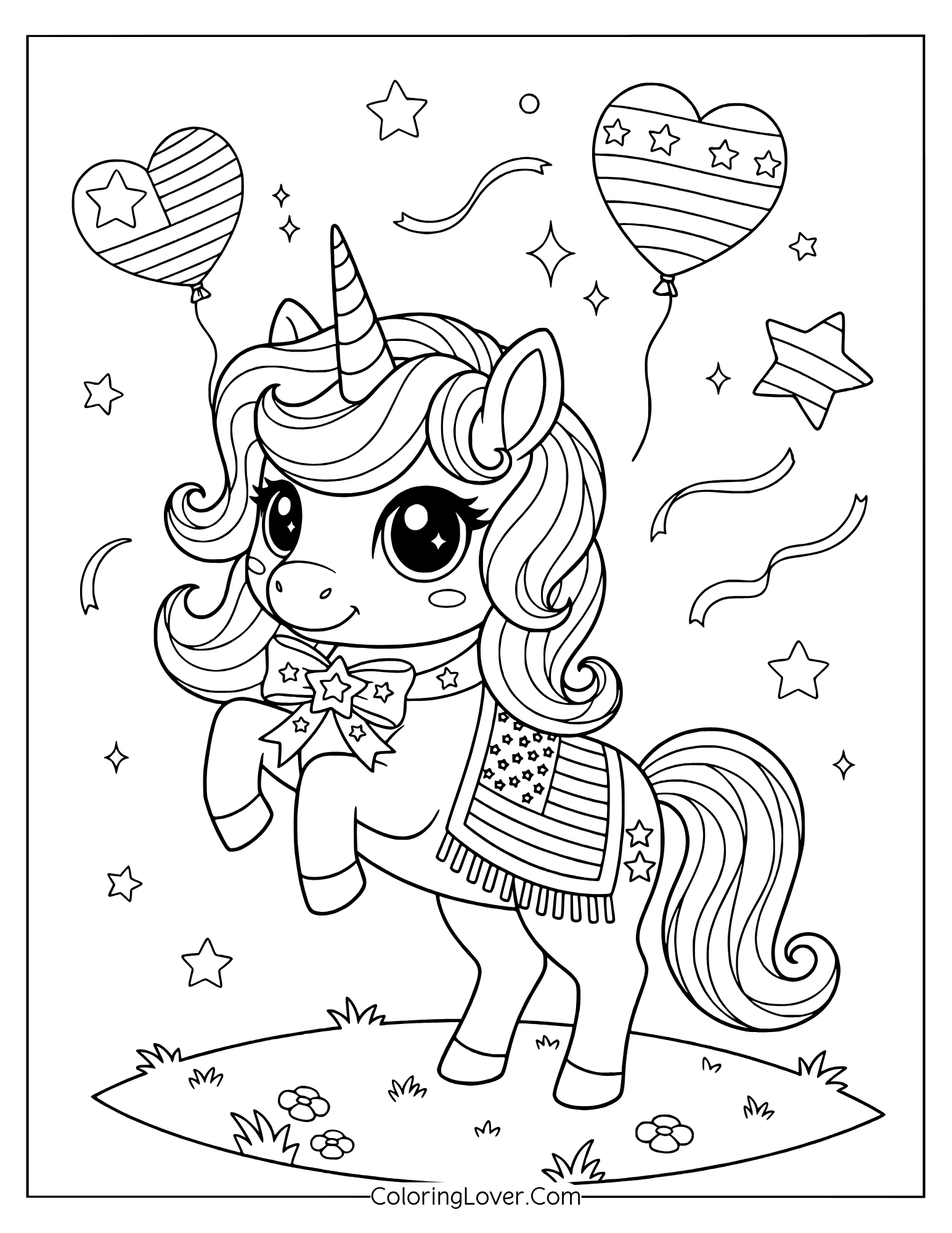 Free 4th of July coloring page of a cheerful unicorn jumping with festive decorations.