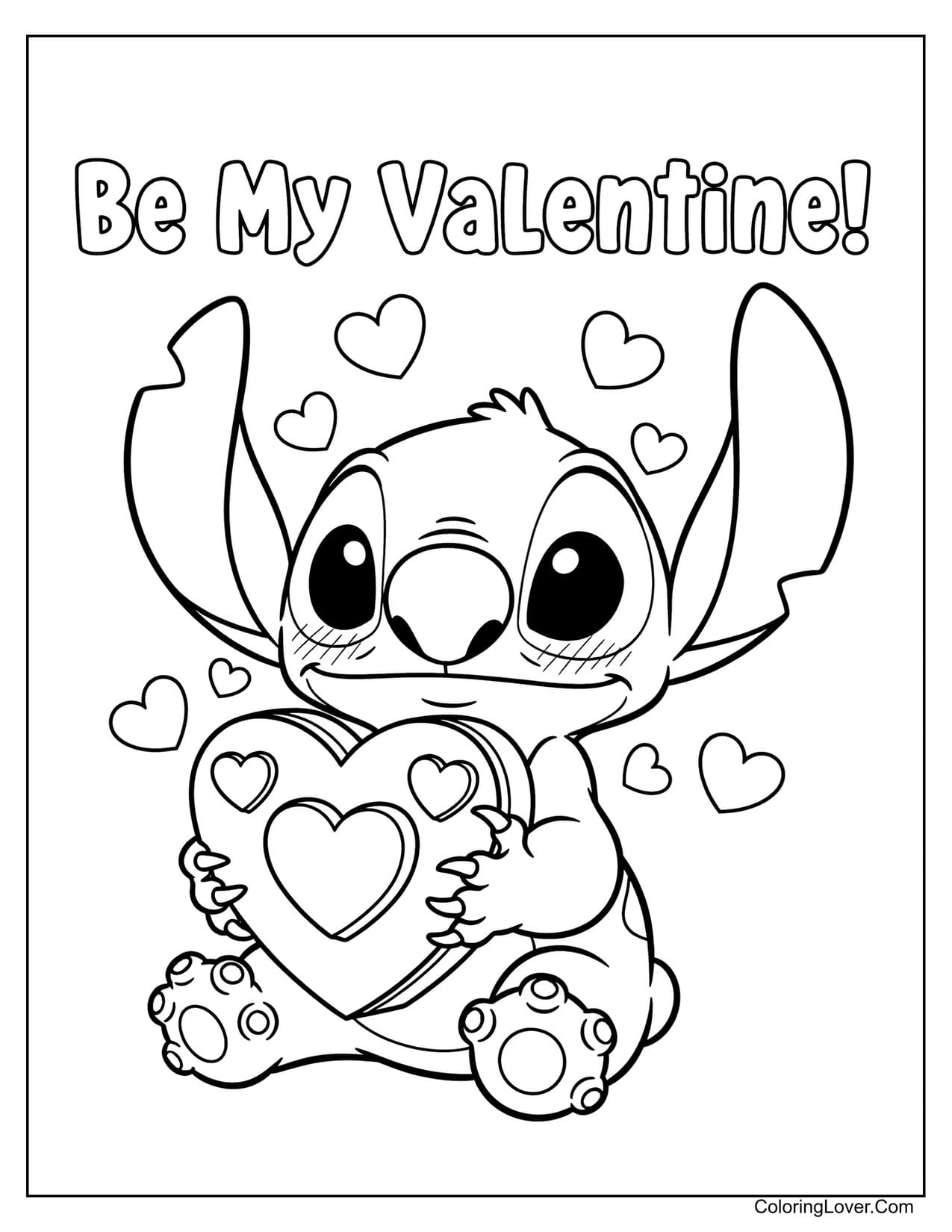 Valentine’s Day coloring sheet with Stitch hugging heart surrounded by hearts