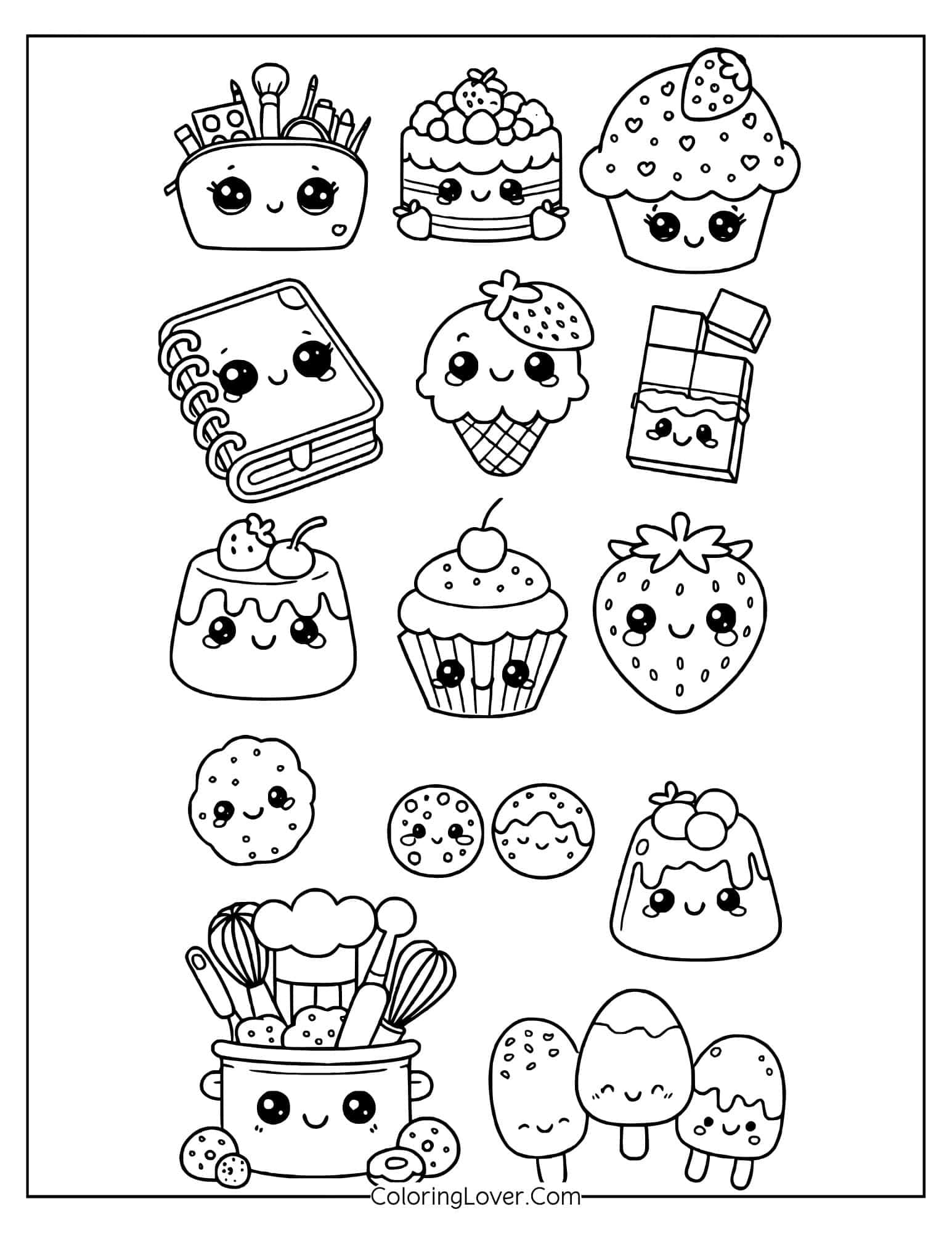 Various kawaii desserts and snacks with happy faces coloring page