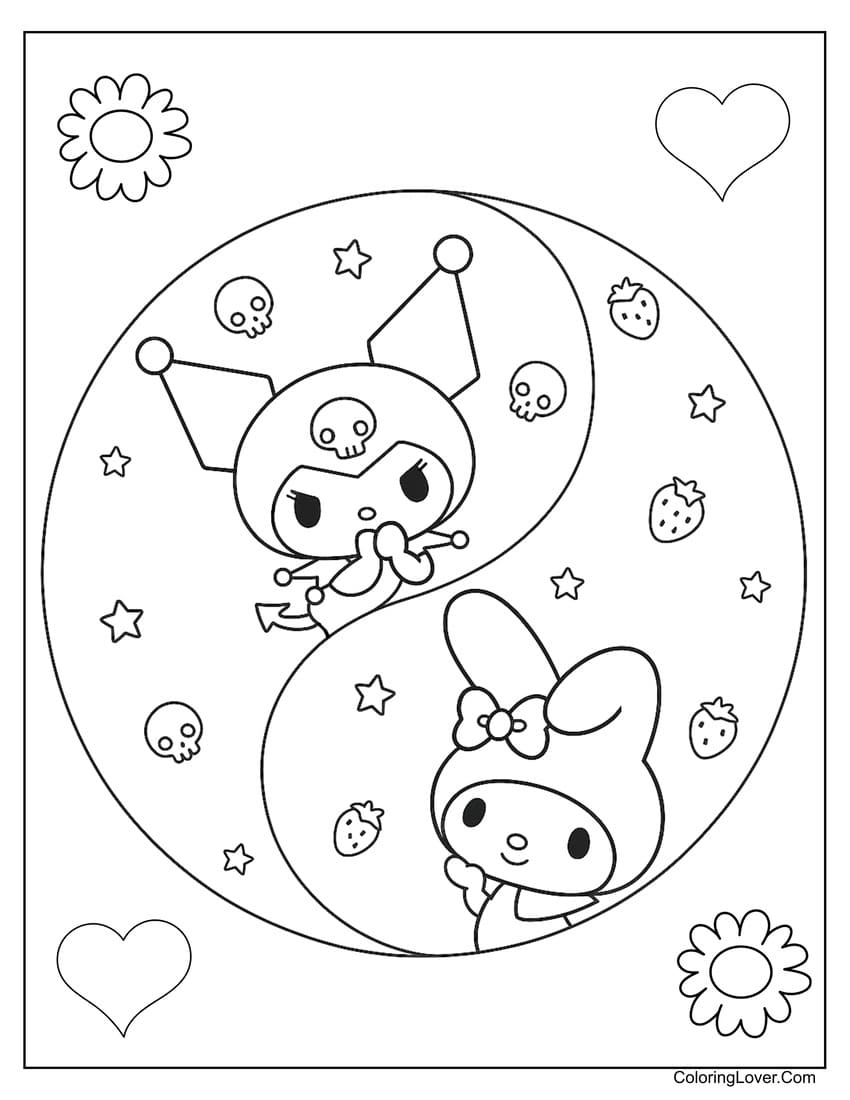 Yin yang style Kuromi and Melody coloring page