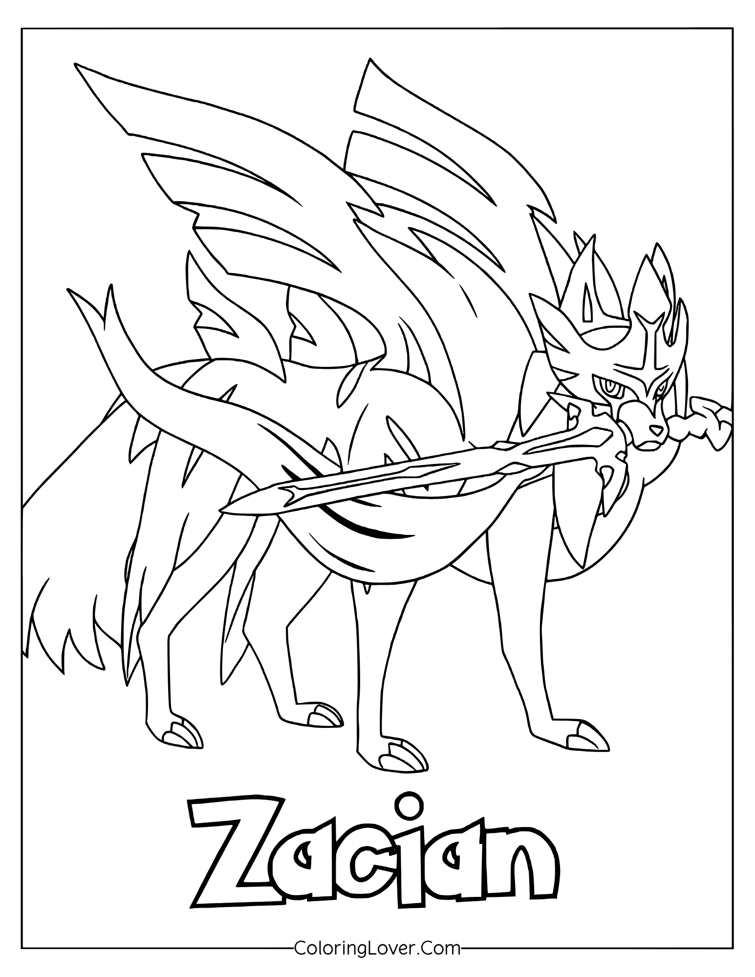 Lagendary pokemon coloring page featuring Zacian holding sword in mouth with majestic armored wings