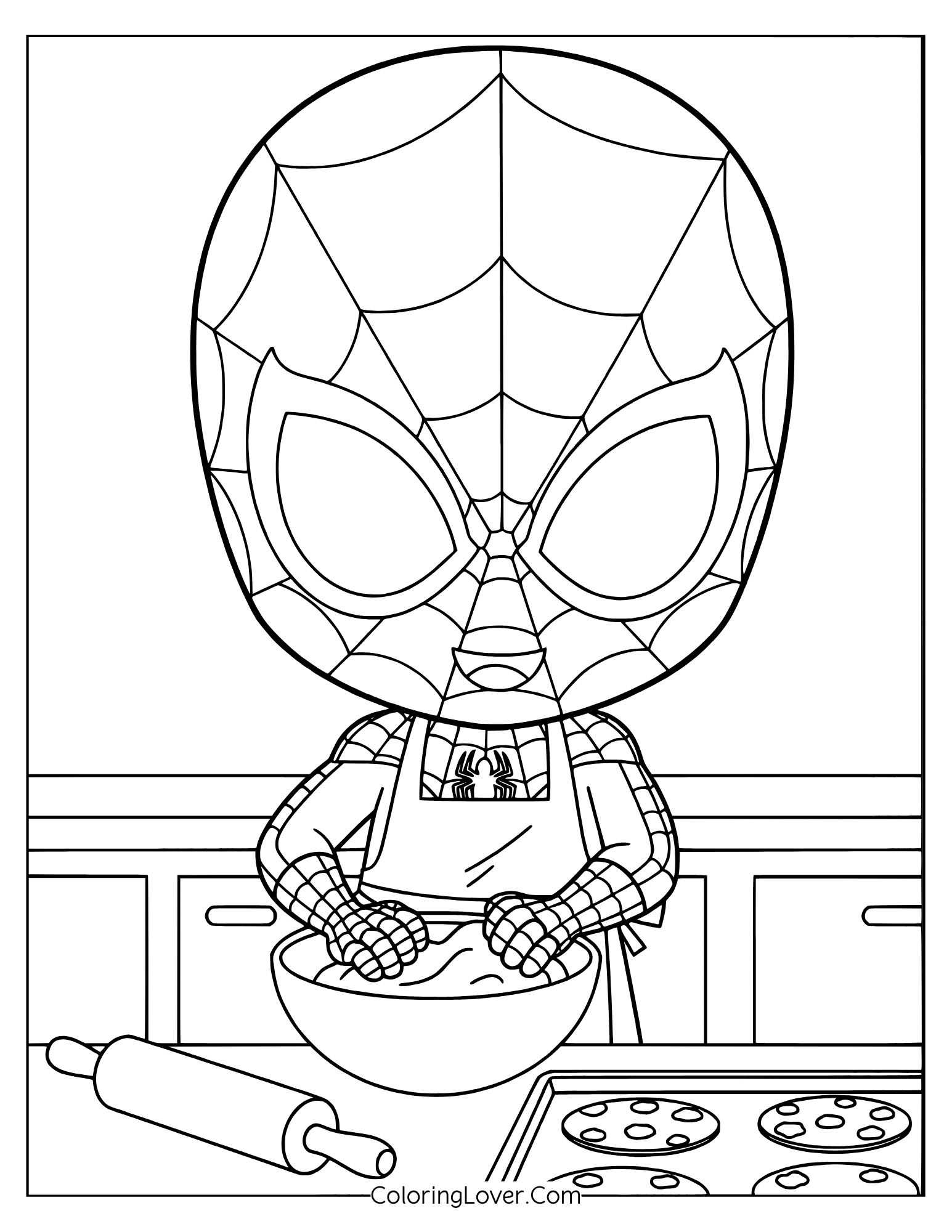 Spider-Man coloring page of baby Spider-Man preparing treats with apron and rolling pin.