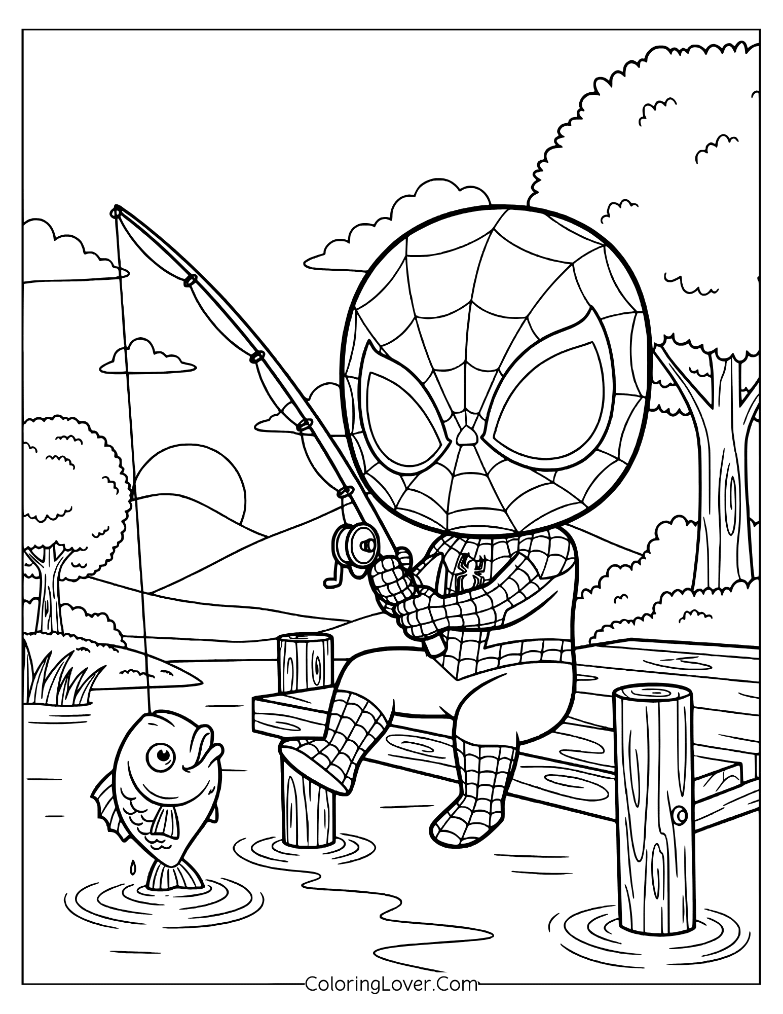 Spider-Man coloring page of baby Spider-Man enjoying a calm fishing day with nature.