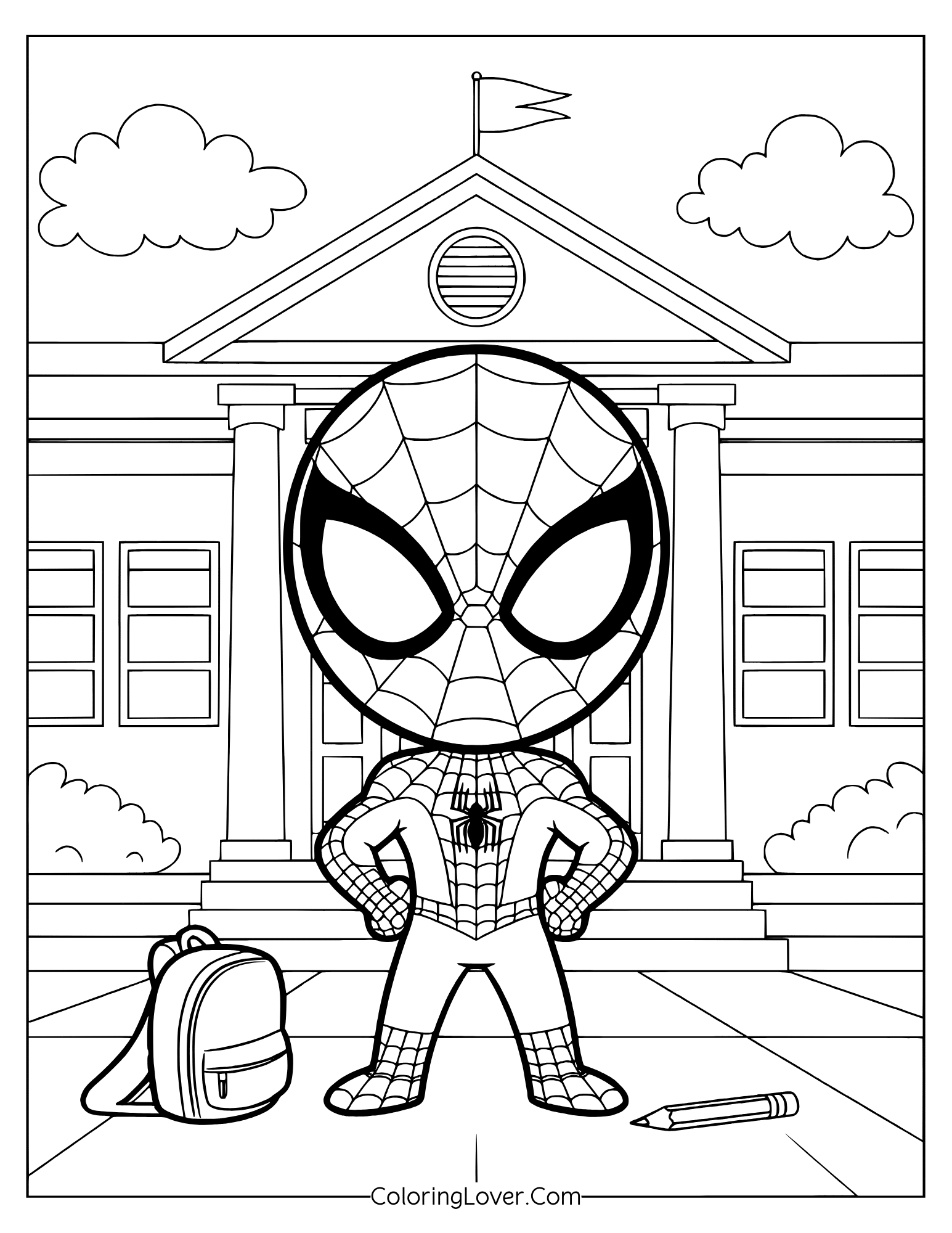 Coloring page of baby Spider-Man starting a school day in hero style.