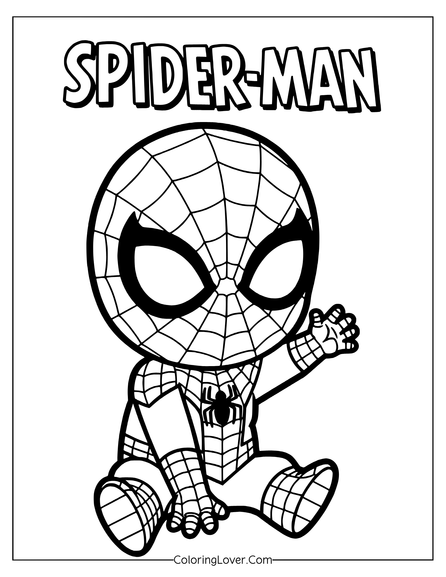 Coloring page showing baby Spider-Man with a peaceful, gentle look.