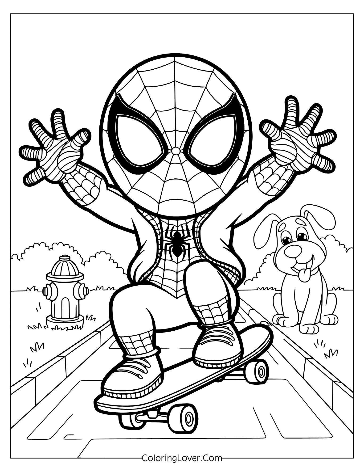 Spider-Man coloring page featuring baby Spider-Man performing a skateboard trick with a puppy watching.