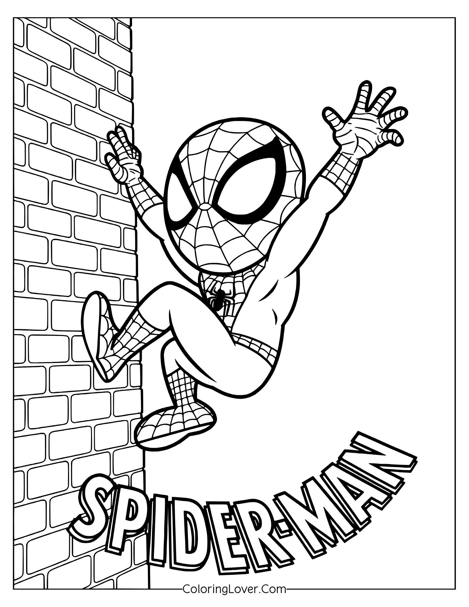 Coloring page showing chibi Spider-Man sticking to the wall like a true hero.
