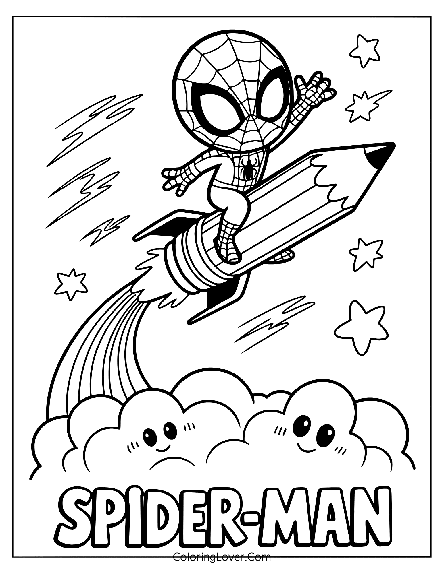 Spider-Man coloring page featuring chibi Spider-Man blasting into the sky on a rocket pencil.