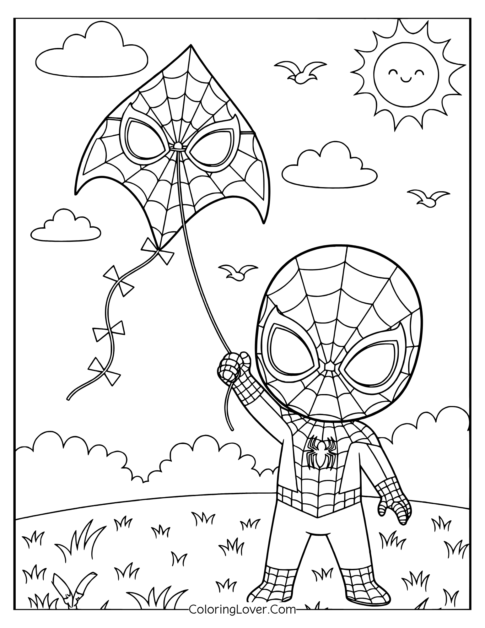 Spider-Man coloring page featuring chibi Spider-Man flying a web-patterned kite under the sun.