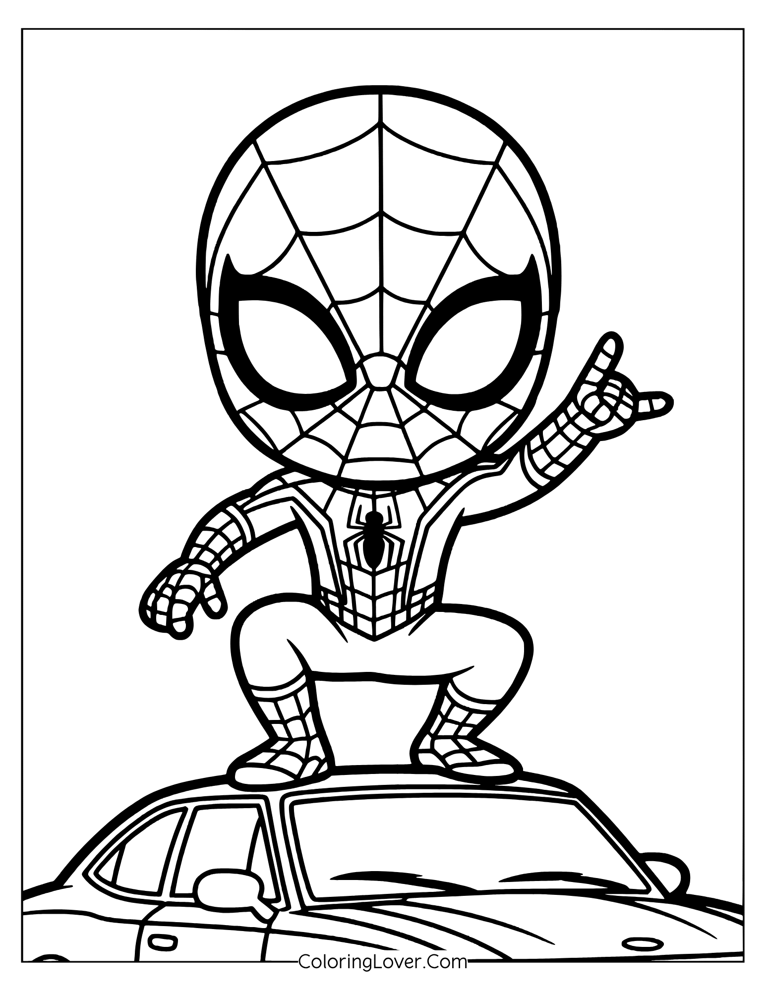 Coloring page featuring chibi Spider-Man standing heroically on top of a car.