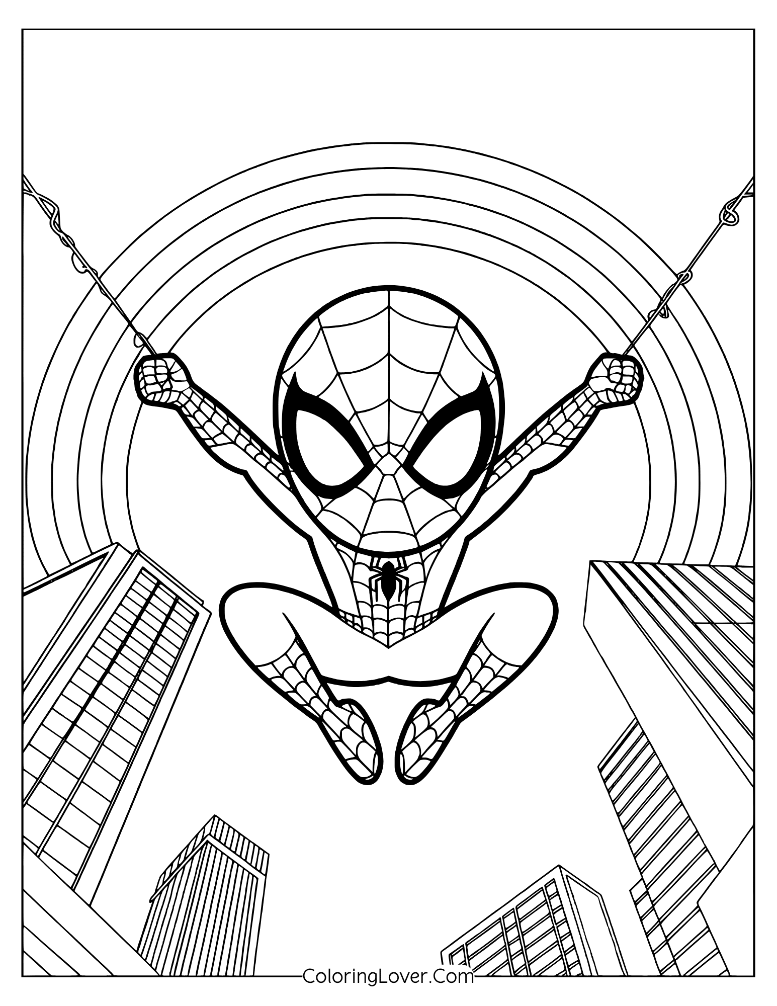 Spider-Man coloring page featuring chibi Spider-Man swinging between buildings with a rainbow behind.
