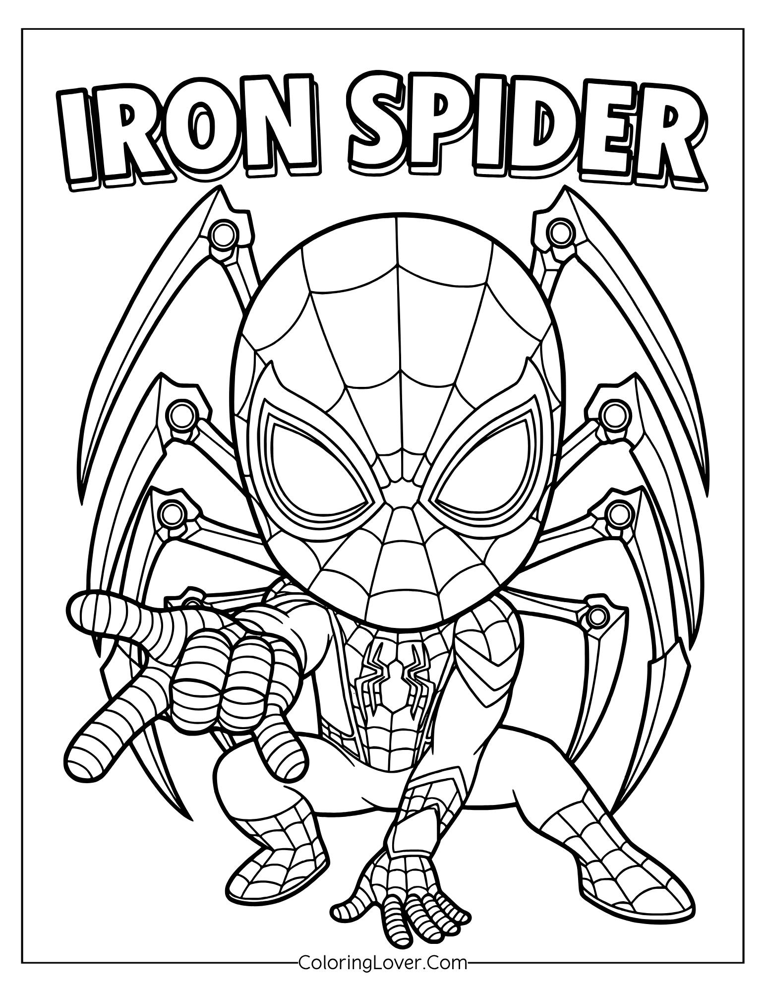 Cute Spider-Man coloring page of Iron Spider striking a heroic pose with robotic limbs.