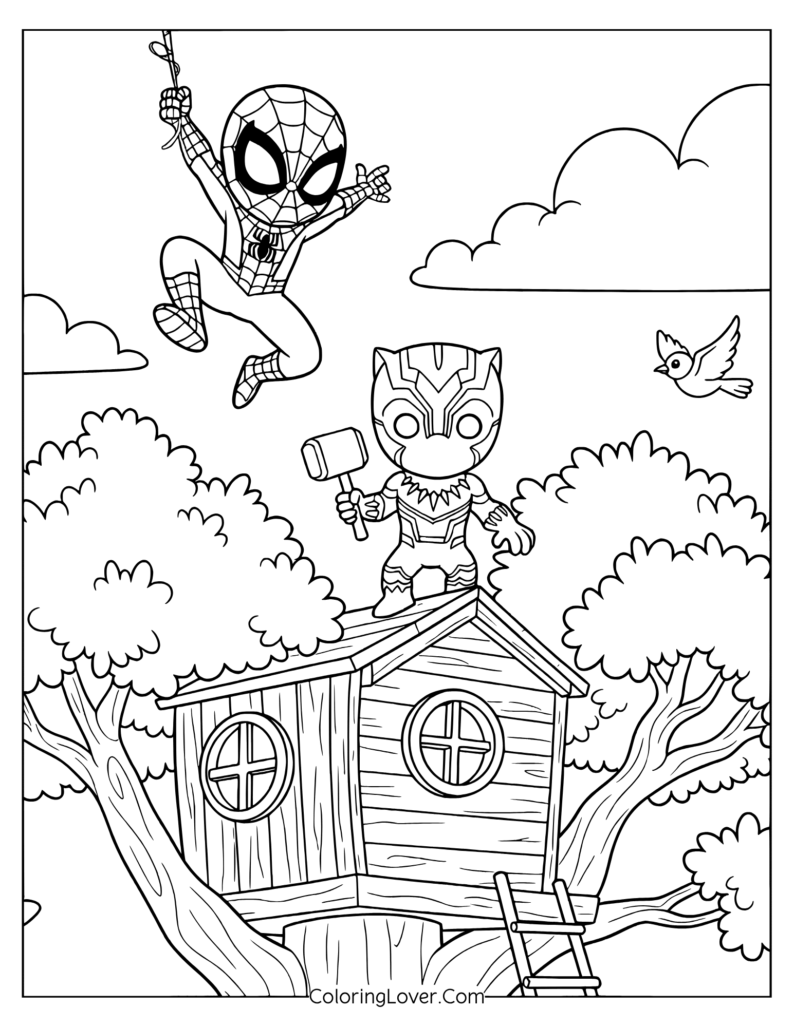 Cute Spider-Man coloring page showing Black Panther on the roof while Spiderman swings by.